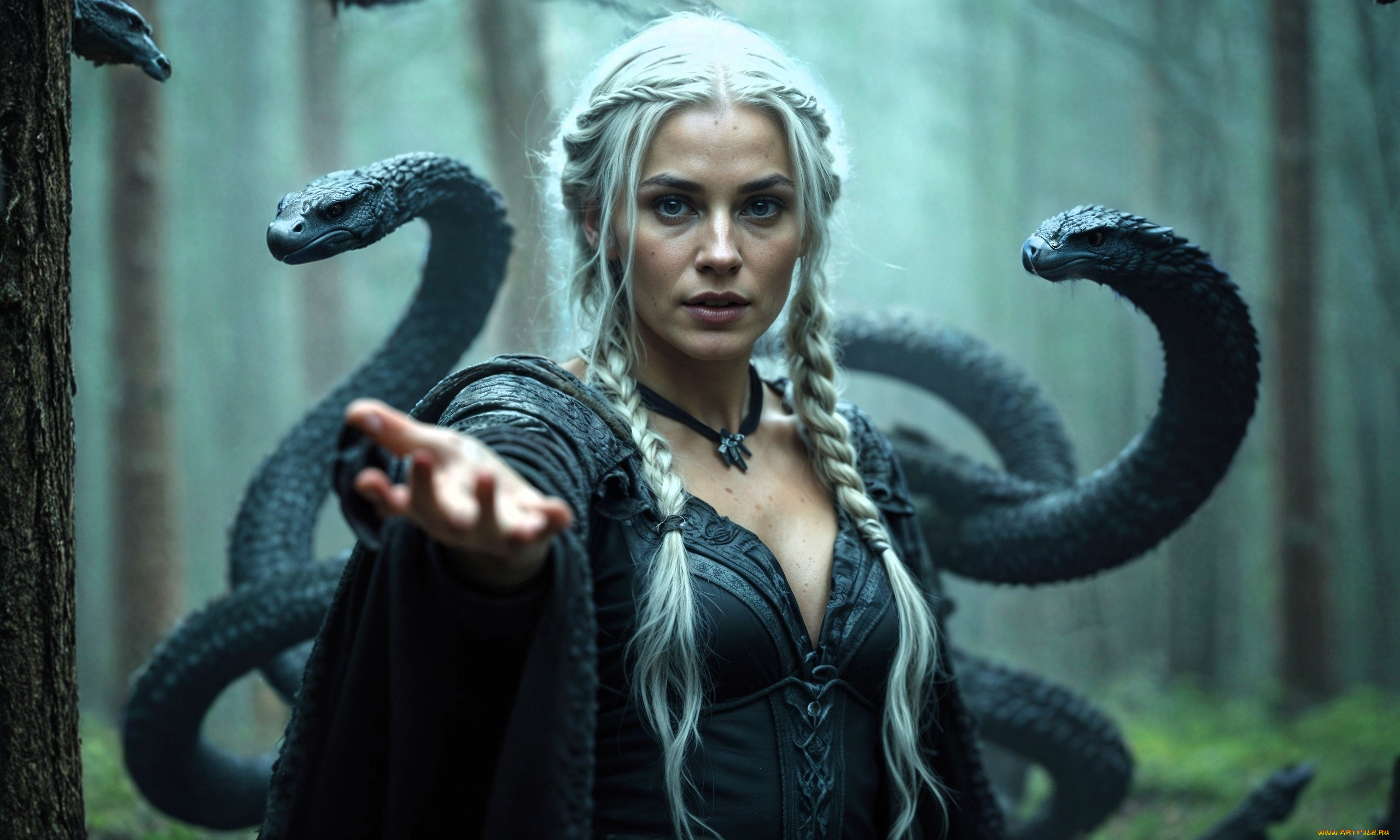 3д, графика, фантазия, , fantasy, девушка, блондинка, косы, змеи, жест, лес