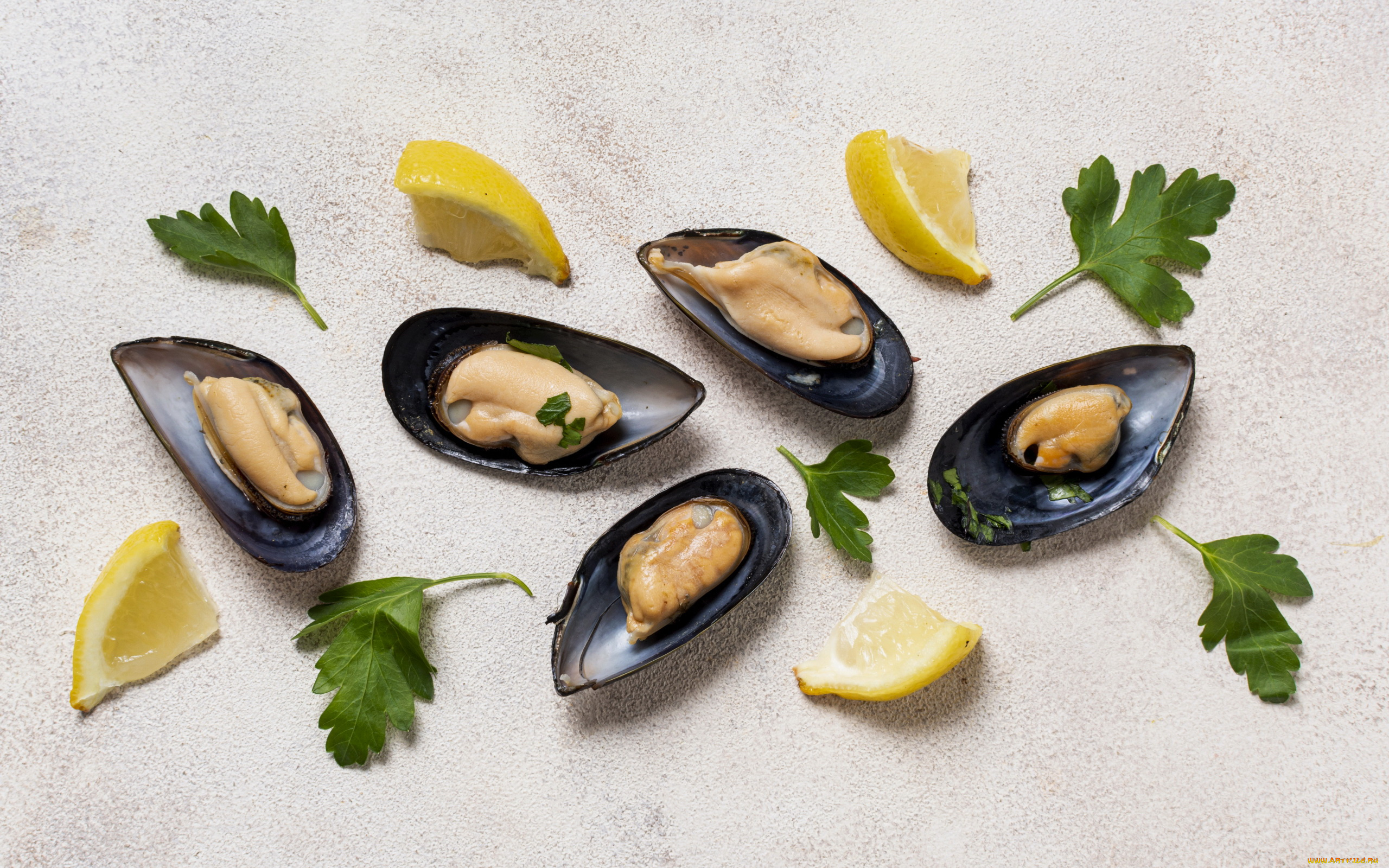 еда, рыбные, блюда, , с, морепродуктами, лимон, мидии, петрушка