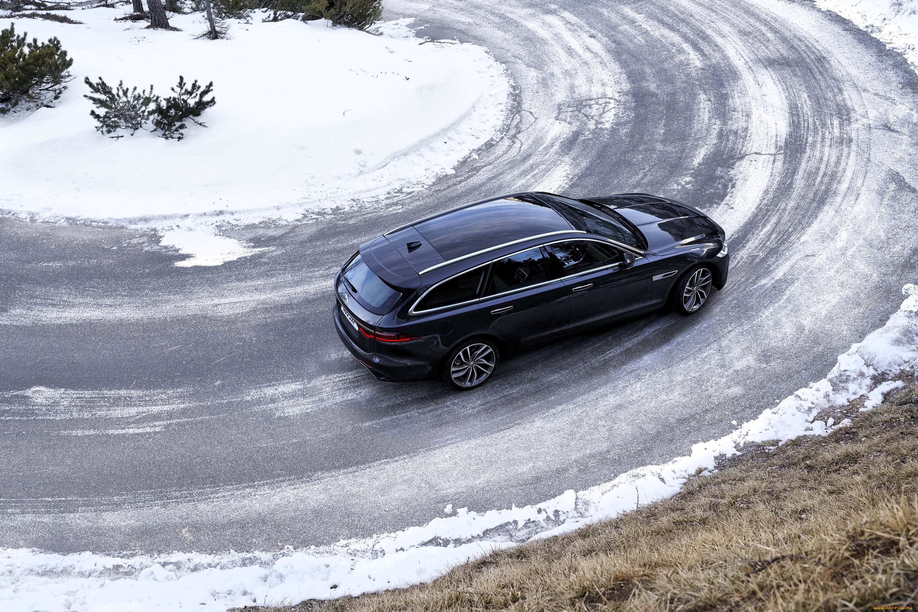 автомобили, jaguar, черный, дорога, поворот, снег