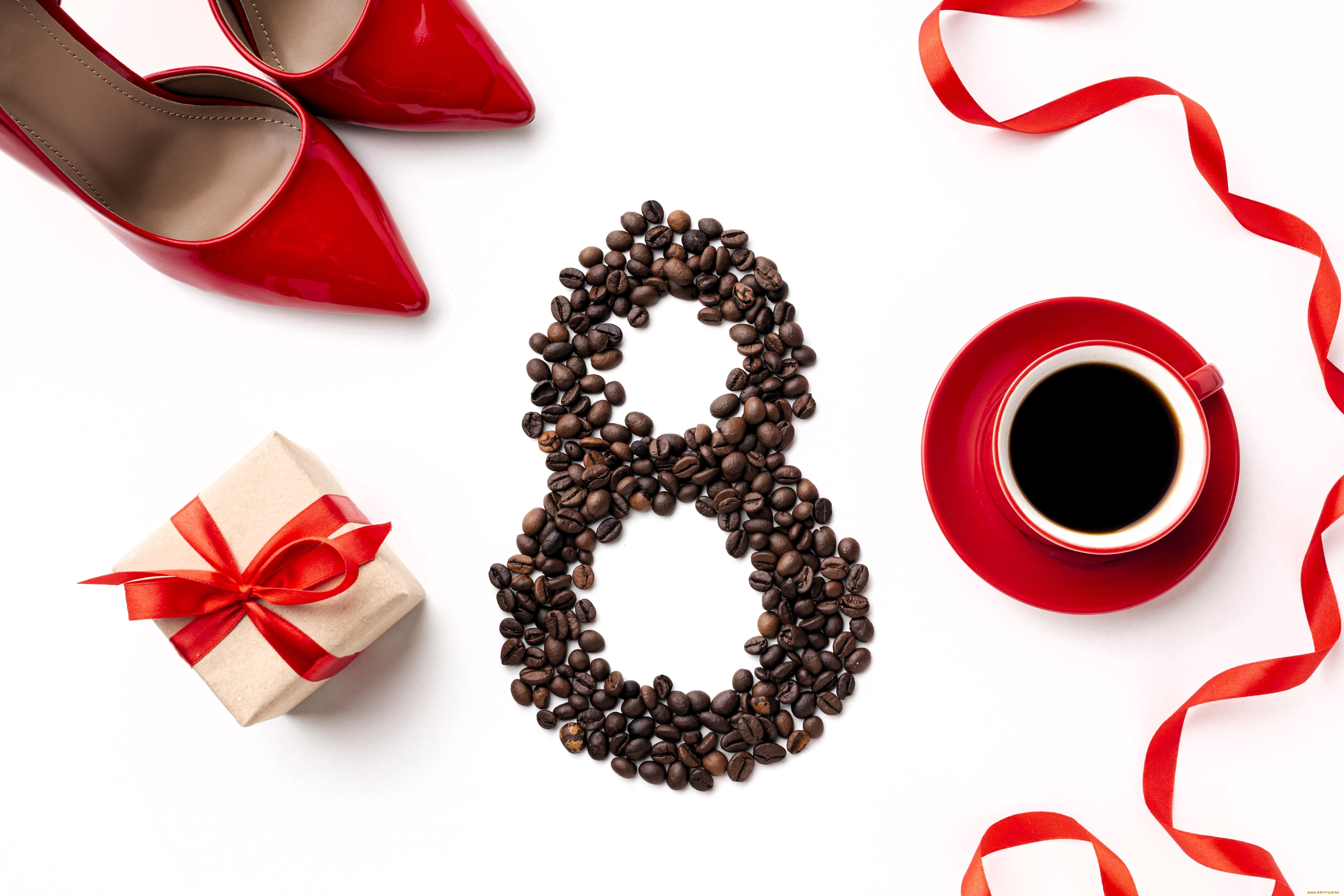 праздничные, международный, женский, день, -, 8, марта, туфли, кофе, цифра, зерна, подарок, чашка, лента