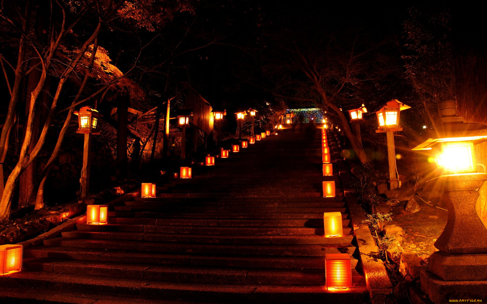 города, огни, ночного, kyoto, japan