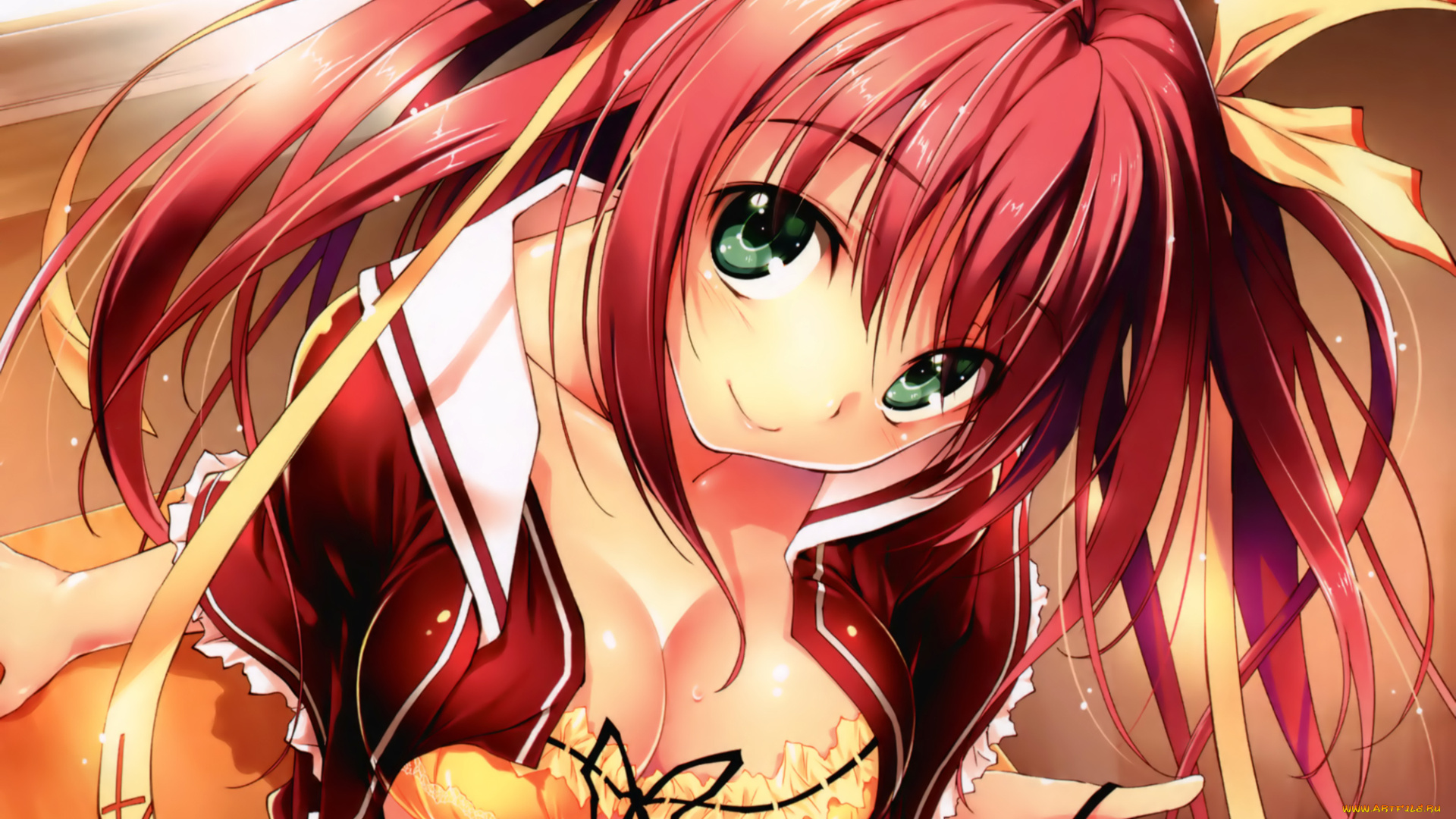 аниме, *unknown, другое, грудь, улыбка, девушка, зеленые, глаза, взгляд