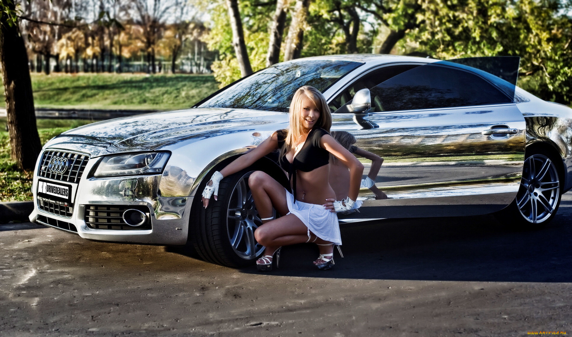 автомобили, авто, девушками, хром, a5, машина, блестящая, девушка, листва, осень, audi