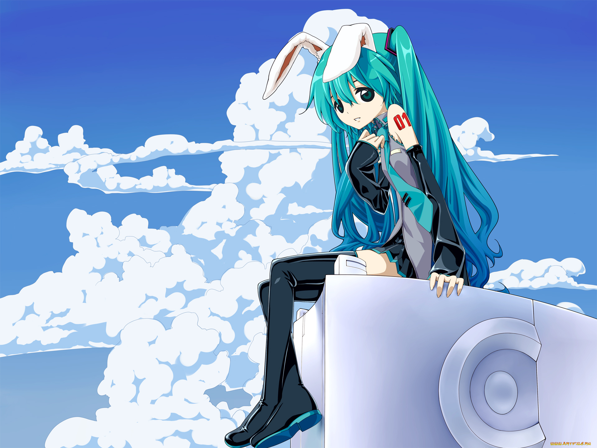 аниме, vocaloid, уши, сидя, динамик, облака, вокалоид, hatsune, miku, девочка, tinmo