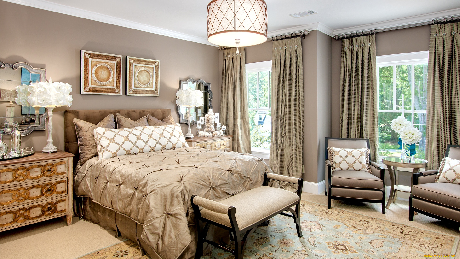 интерьер, спальня, шторы, кровать, кресла, люстры