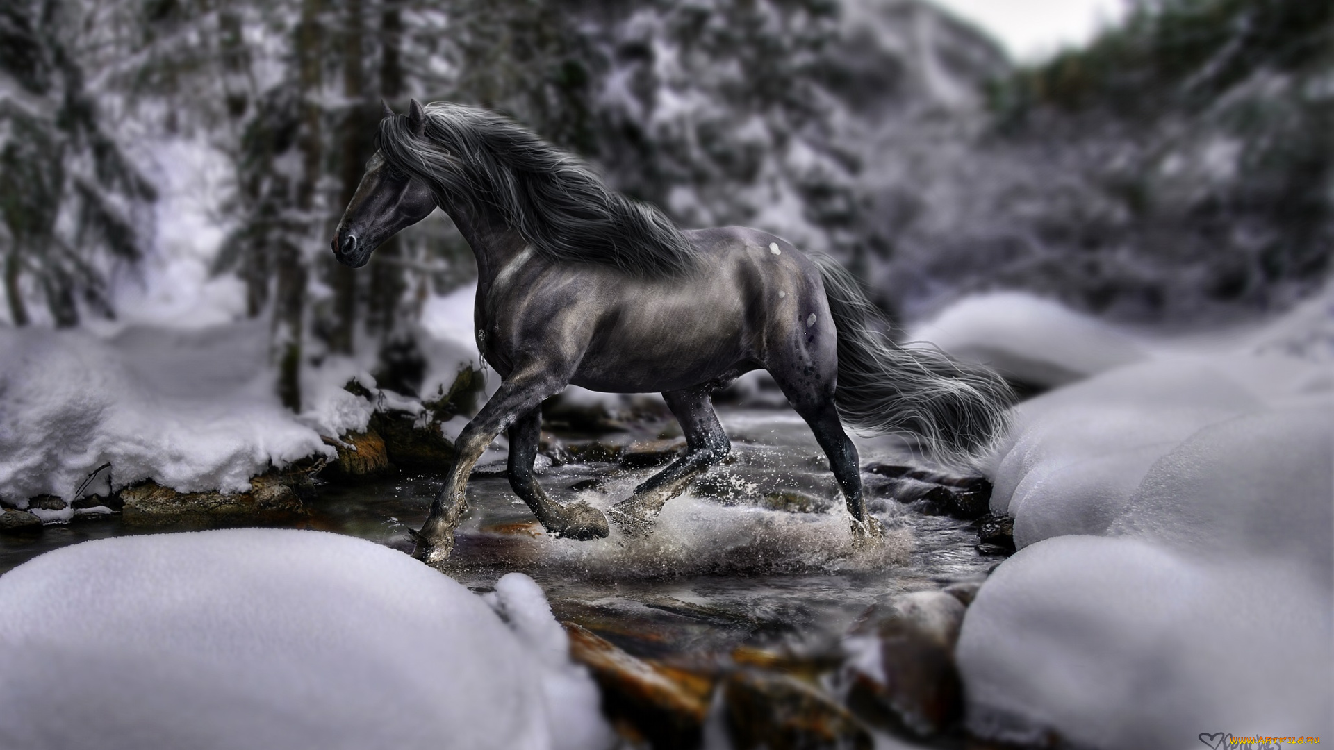 3д, графика, animals, , животные, лошадь, река, лес, снег