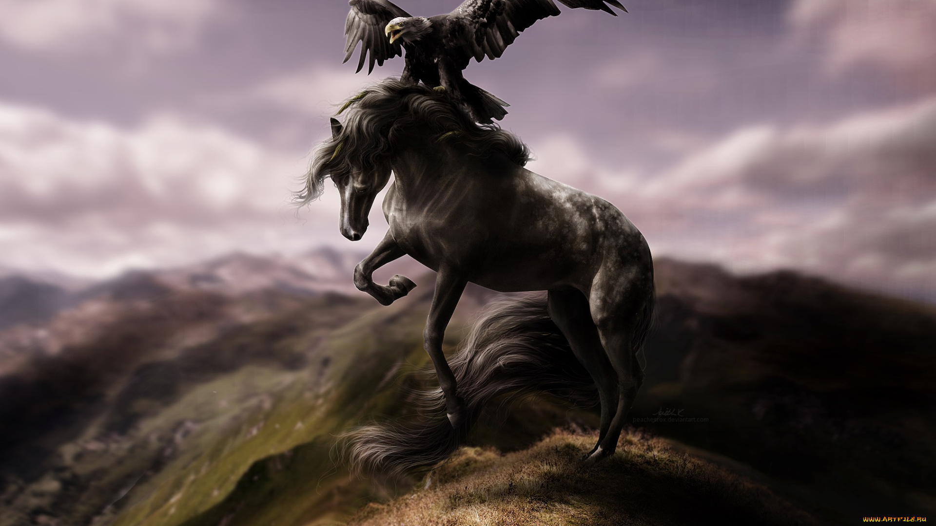 3д, графика, animals, , животные, орел, горы, лошадь