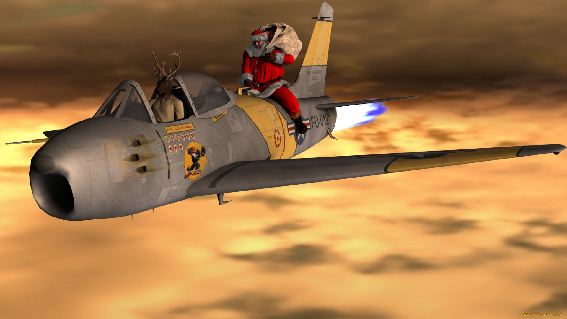 3д, графика, humor, , юмор, санта, клаус, самолет