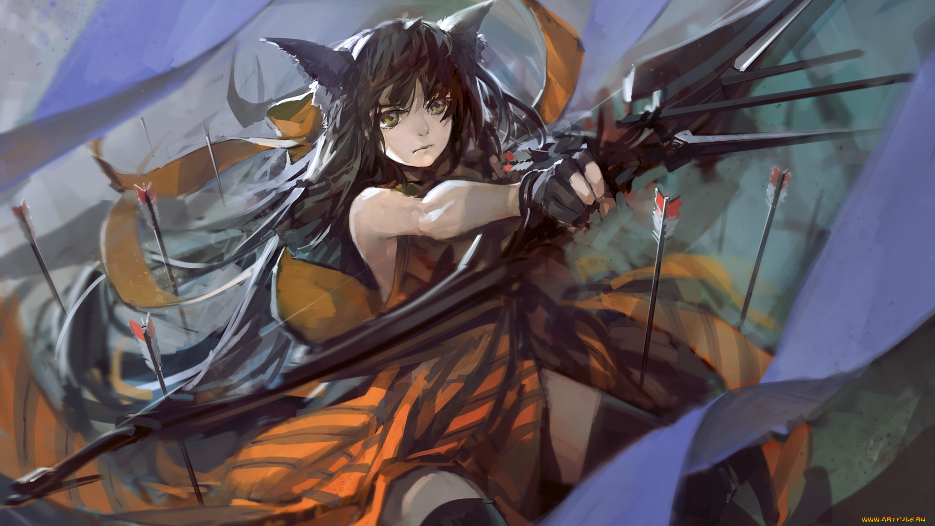 аниме, -weapon, , blood, &, technology, кошачьи, ушки, девушка, лук, оружие, стрелы