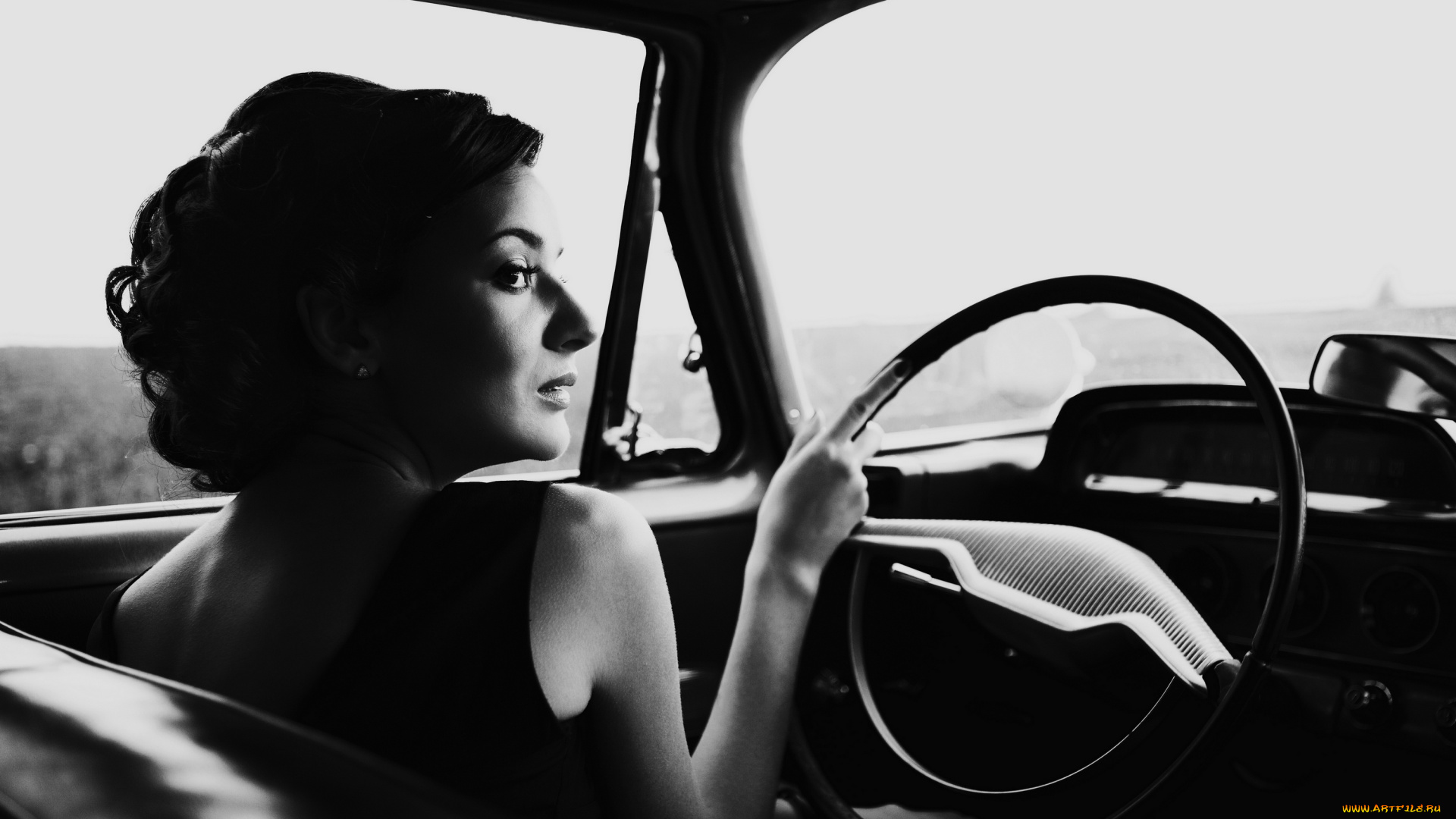 девушки, -unsort, , Черно-белые, обои, машина, прическа, профиль, фото