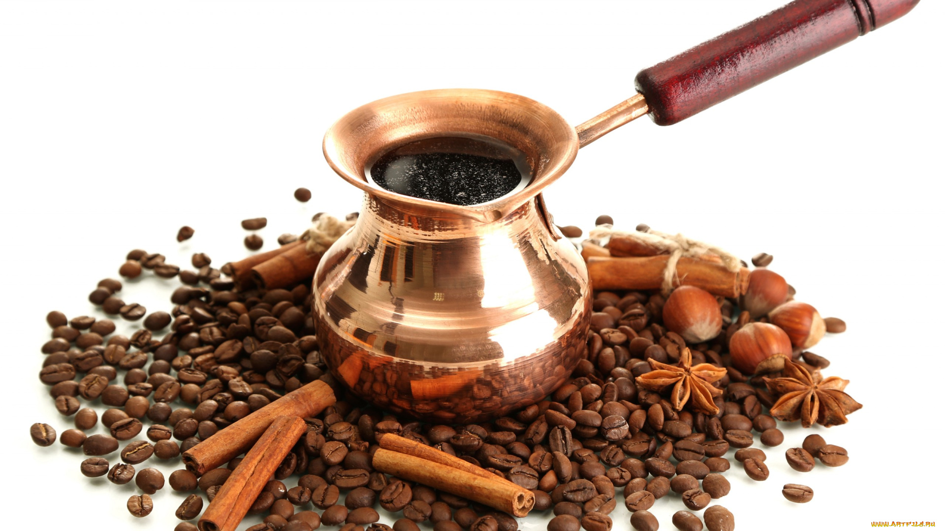 еда, кофе, , кофейные, зёрна, бадьян, корица, джезва, орехи, зерна