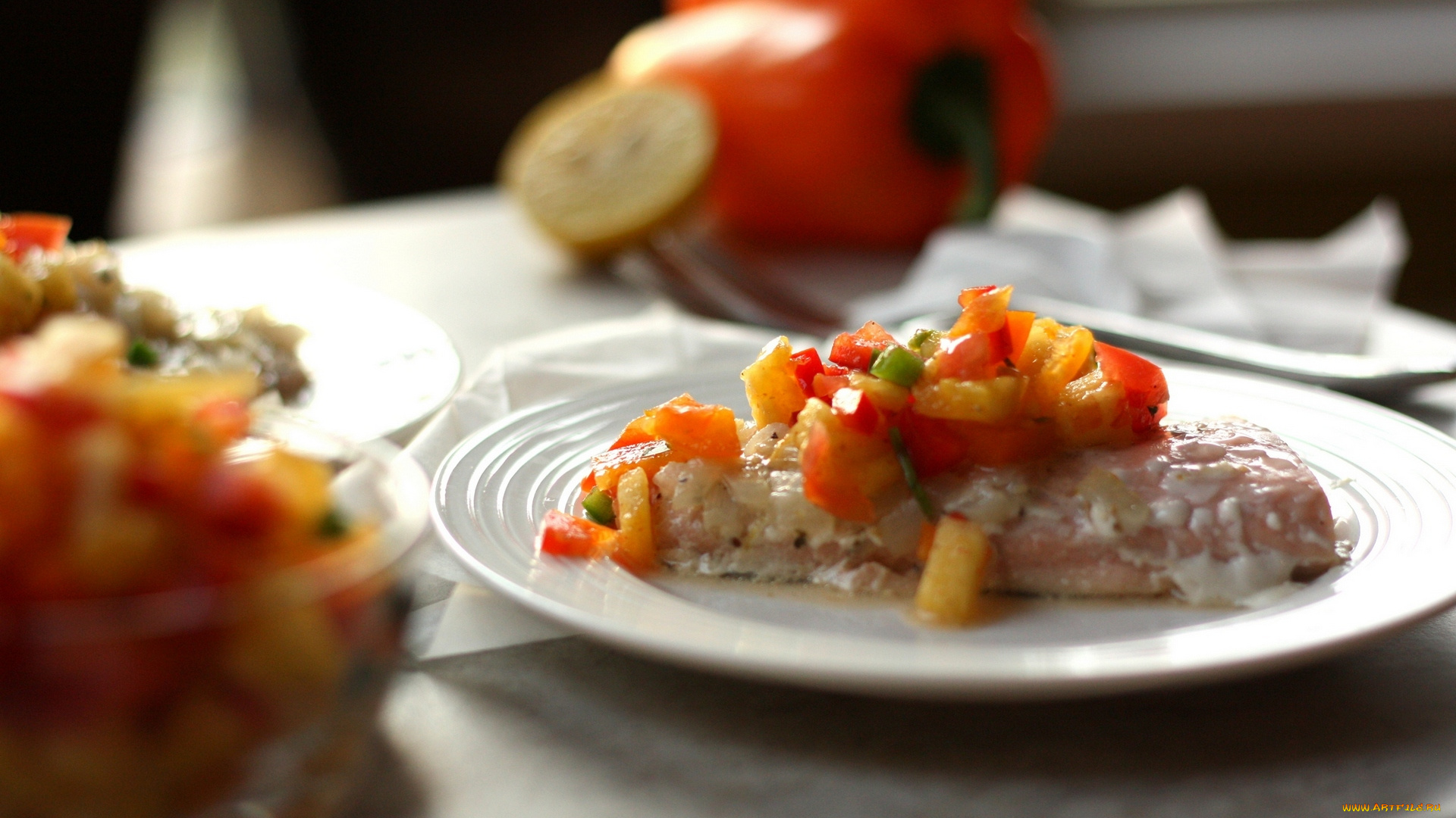 еда, рыбные, блюда, , с, морепродуктами, ананас, сальса, сливочно, кокосовый, лосось