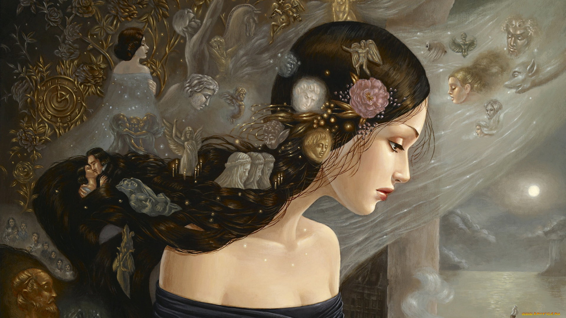 рисованные, живопись, корабль, девушка, ангелы, свечи, окно, лица, цветы