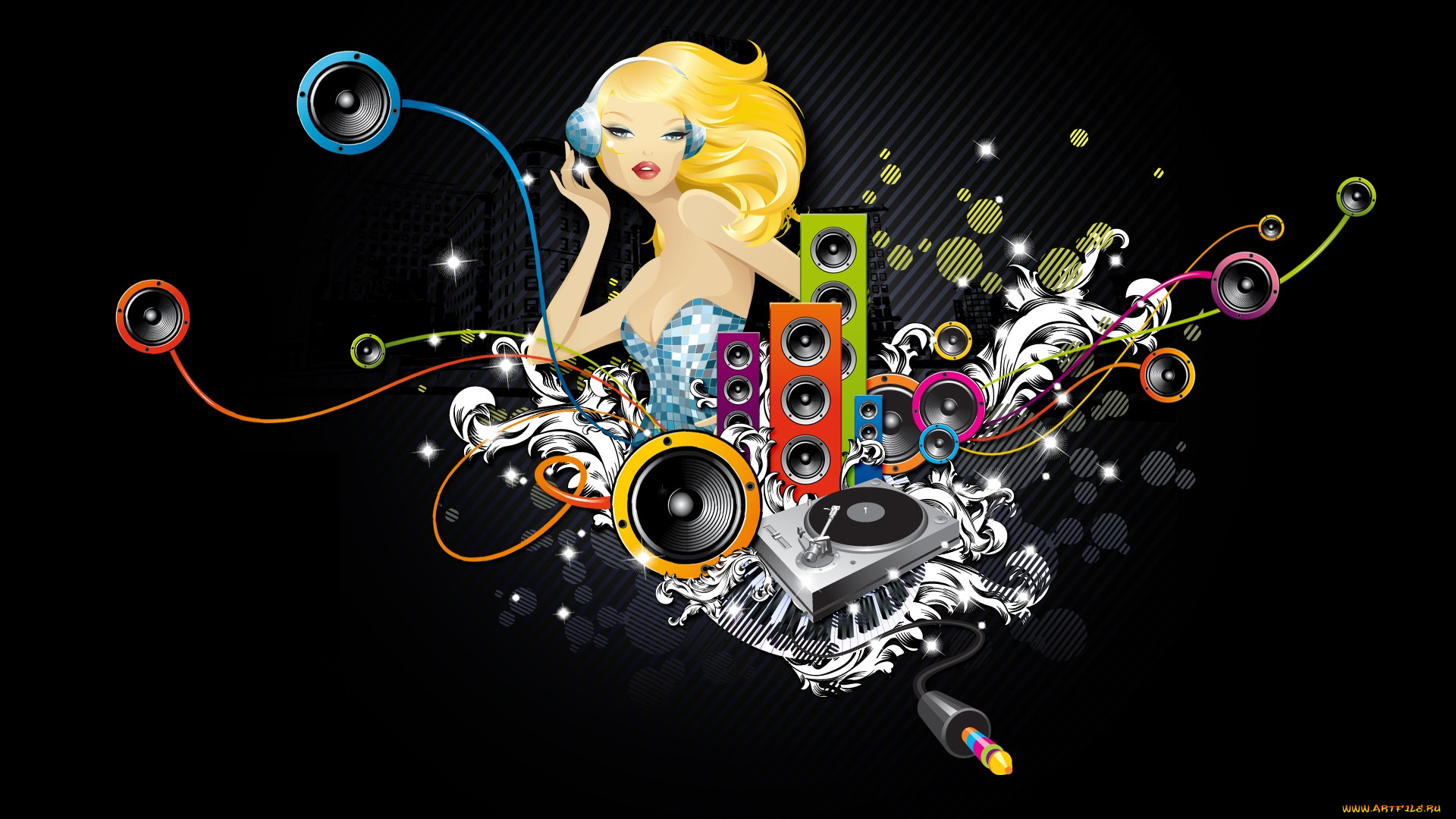 векторная, графика, наушники, девушка