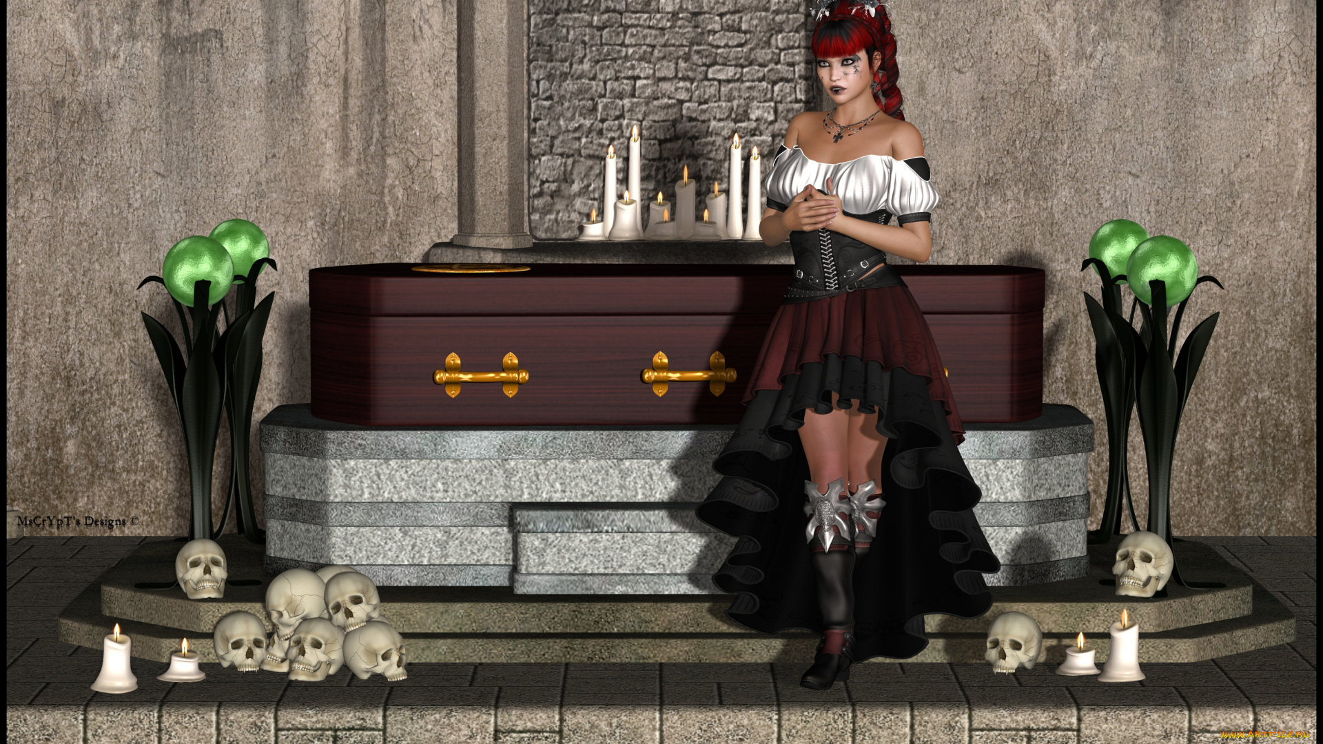 3д, графика, фантазия, , fantasy, черепа, взгляд, девушка, фон, свечи