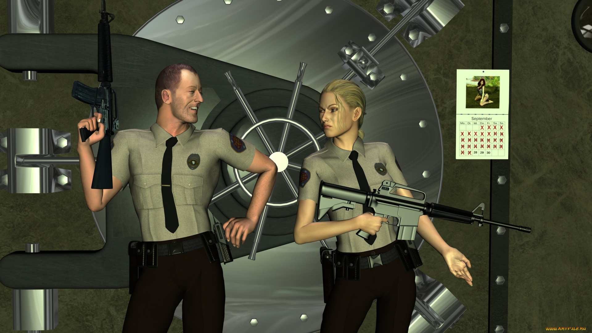 3д, графика, фантазия, , fantasy, девушка, мужчина, оружие, фон, взгляд