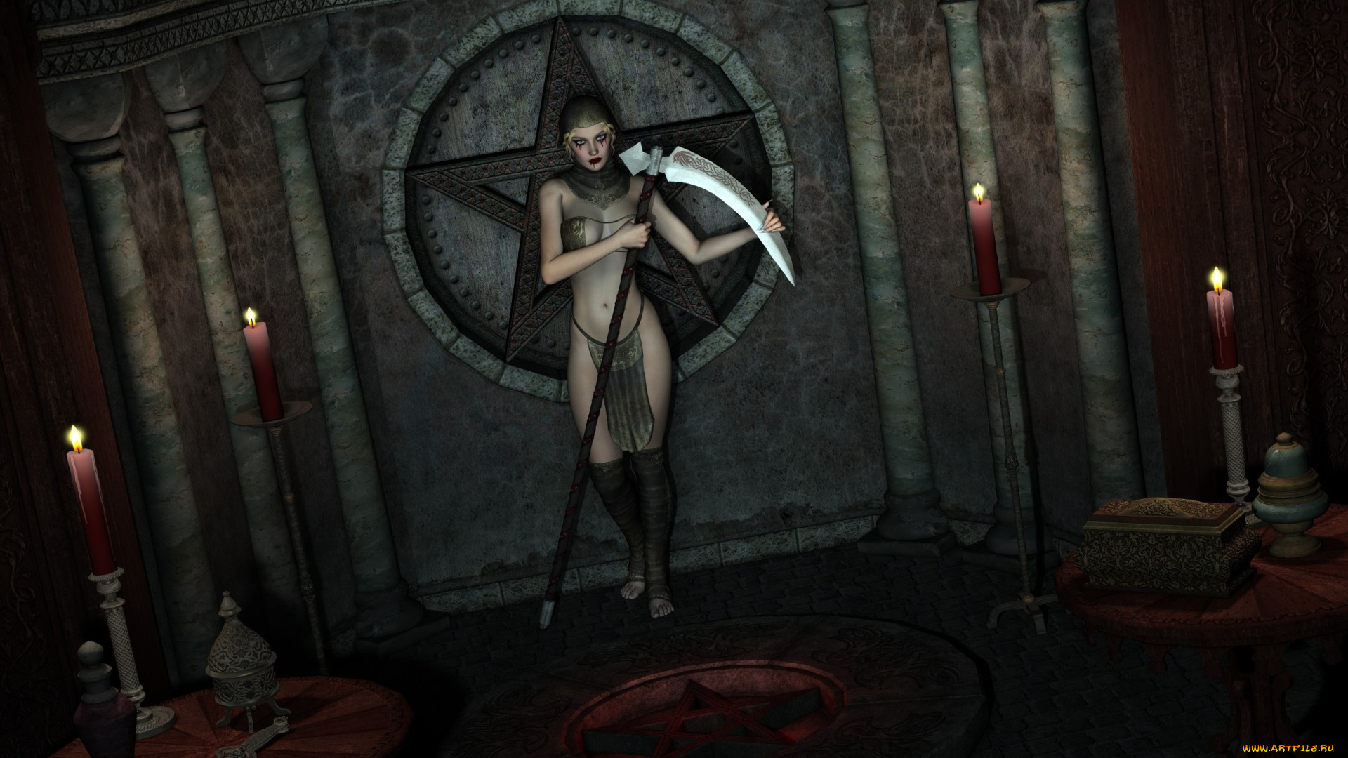 3д, графика, фантазия, , fantasy, символ, взгляд, фон, девушка, свечи, коса