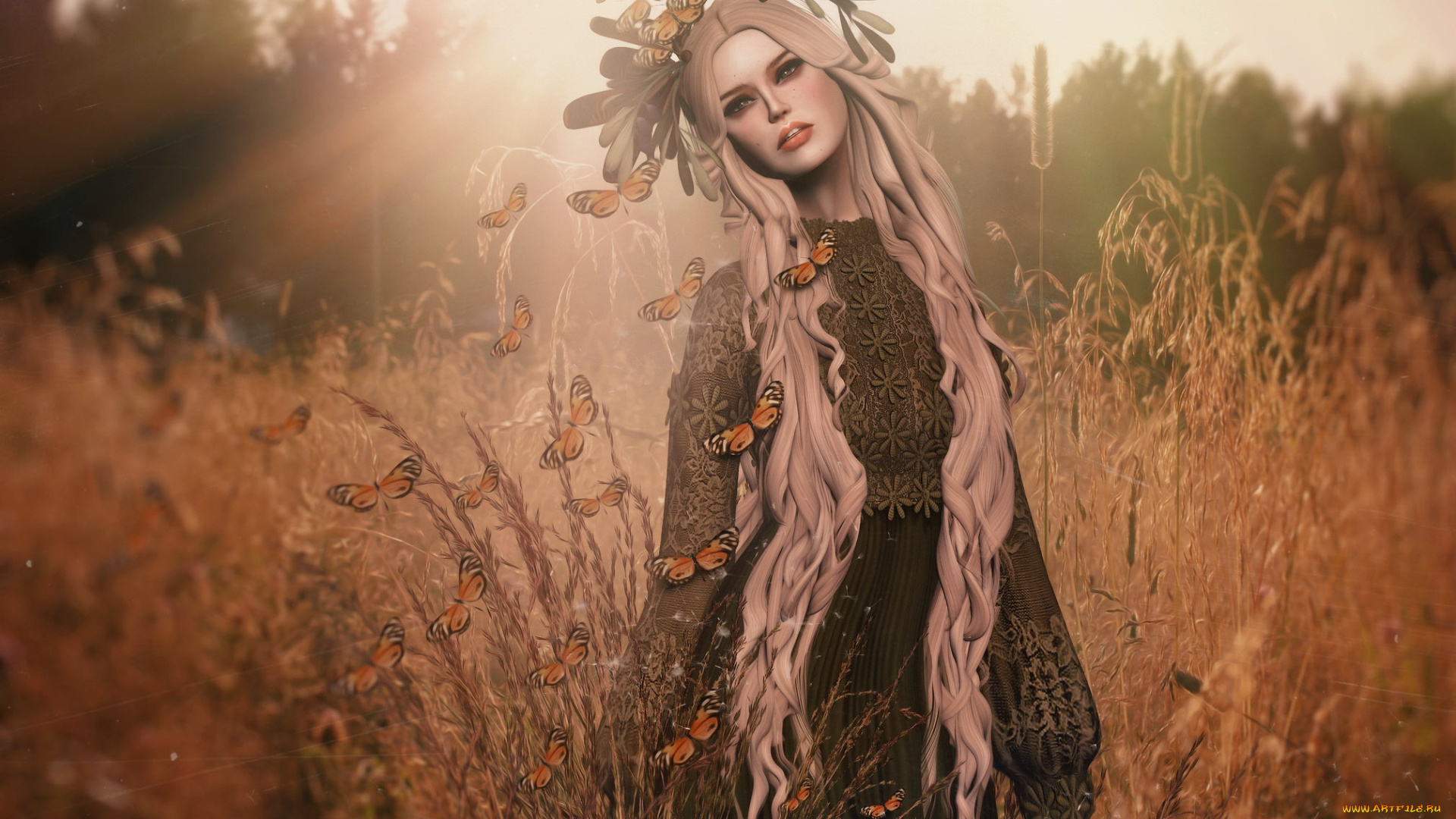 3д, графика, люди, , people, девушка, фон, бабочки