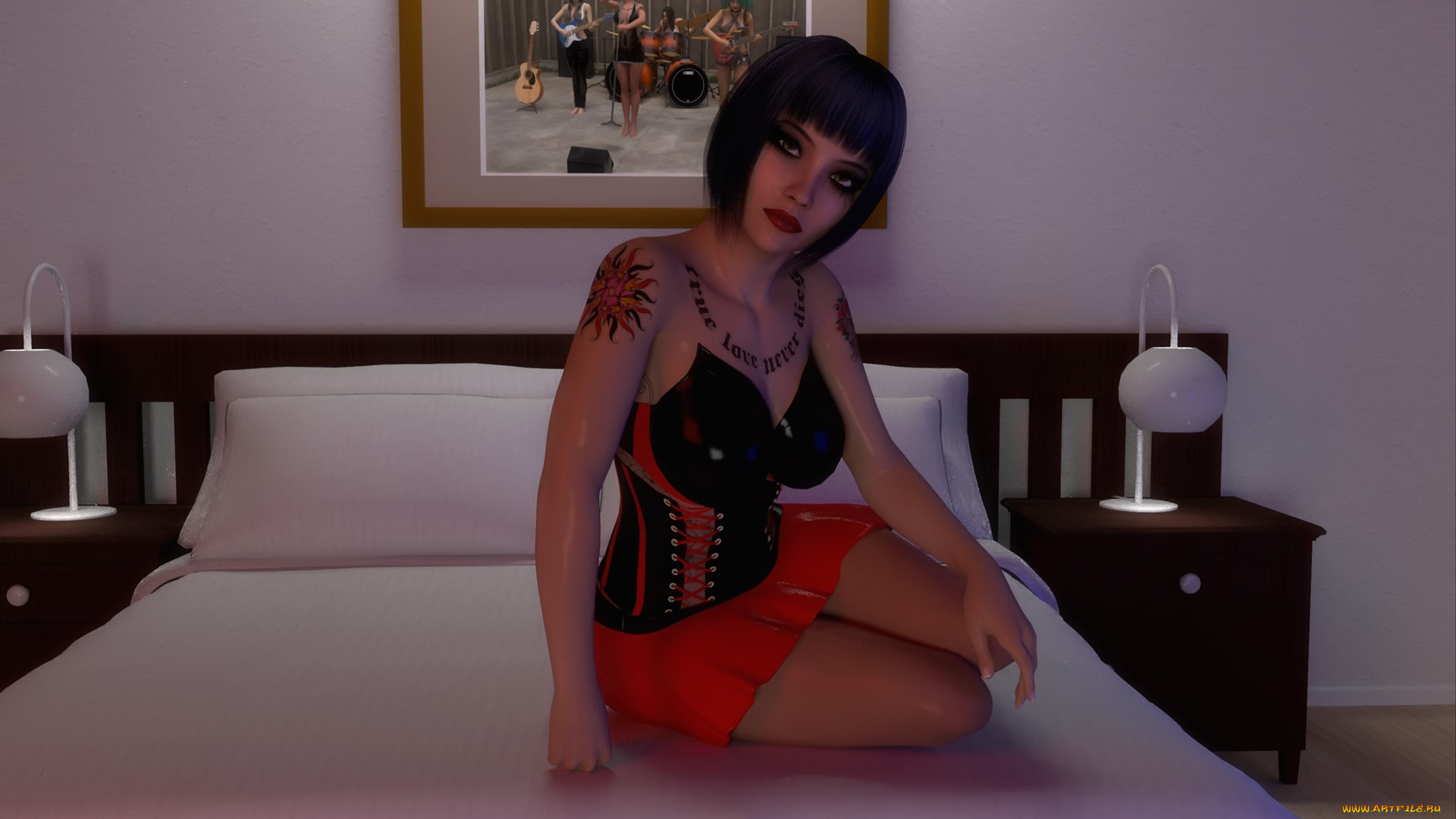 3д, графика, люди, , people, девушка, картина, светильники, кровать, фон, взгляд