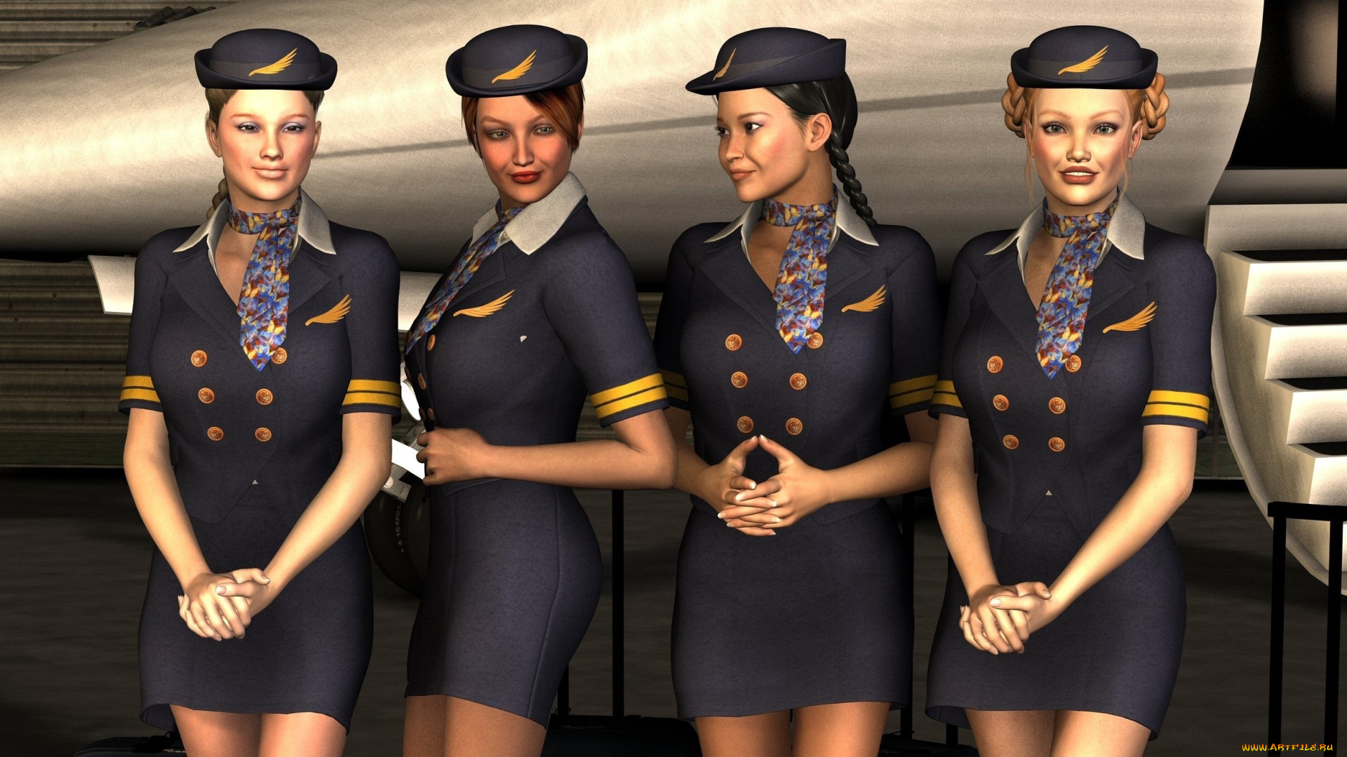 3д, графика, люди, , people, фон, стюардессы, взгляд, девушки