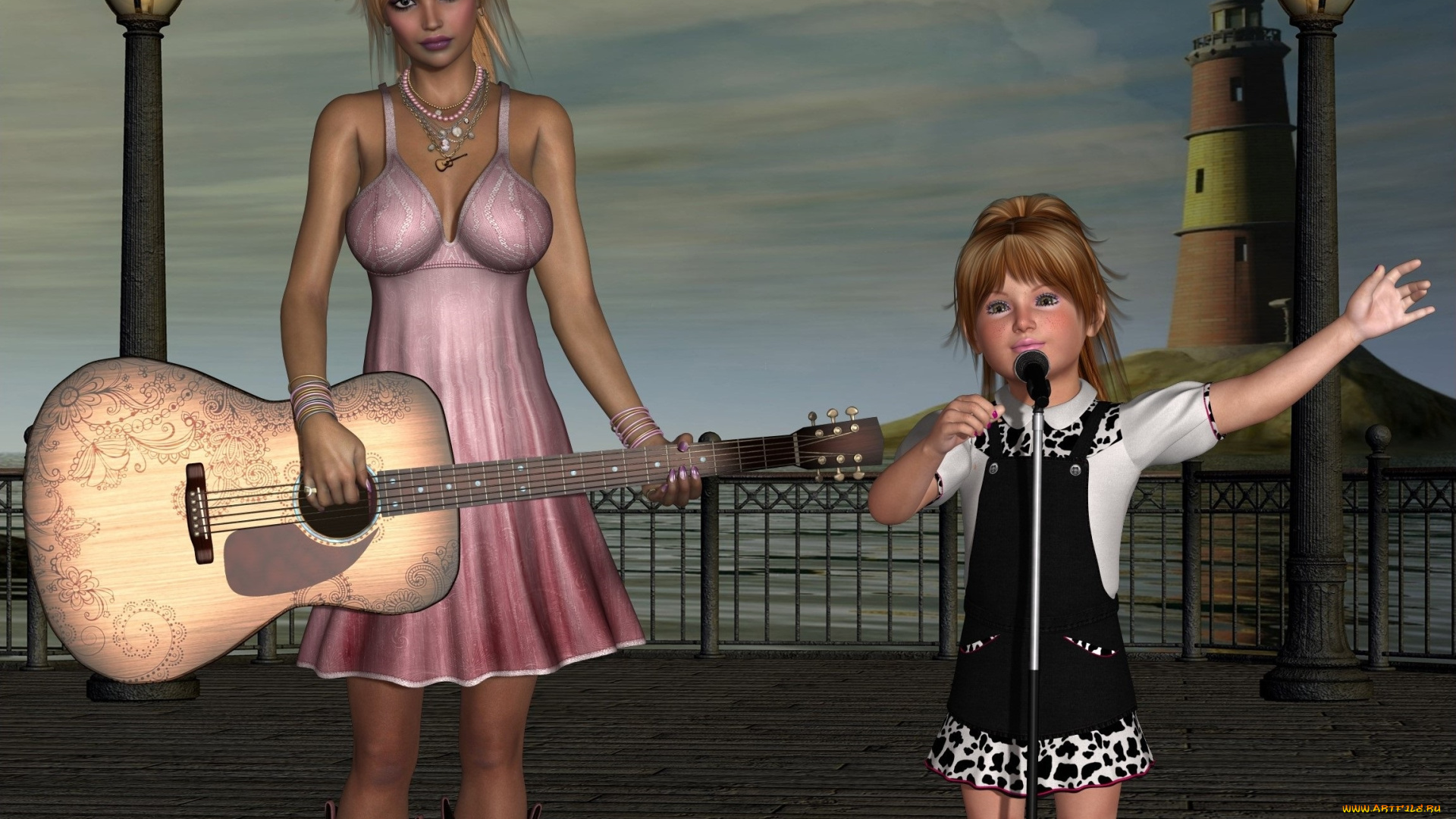 3д, графика, люди, , people, микрофон, гитара, мать, фон, взгляд, девочка