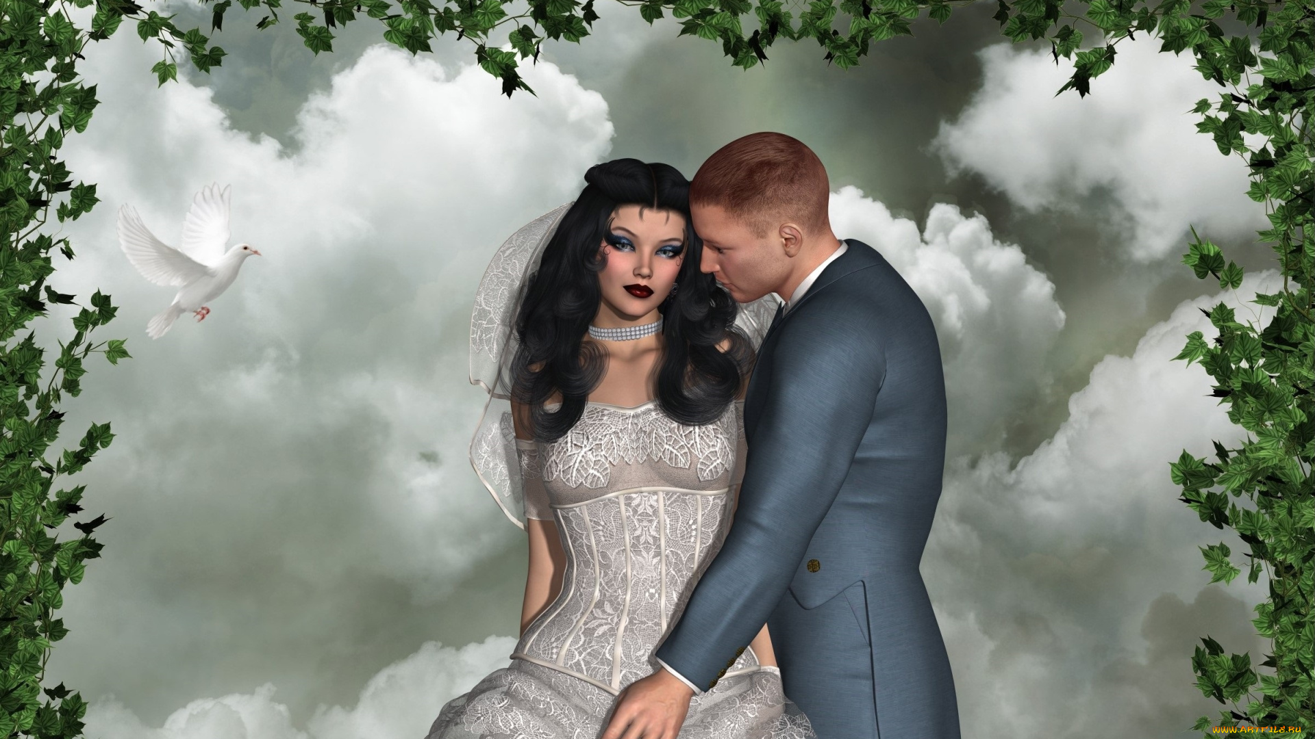 3д, графика, люди, , people, мужчина, голубь, растение, фон, взгляд, девушка