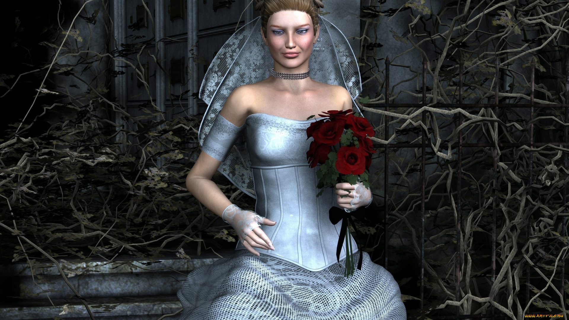 3д, графика, люди, , people, взгляд, девушка, фата, невеста, цветы, фон