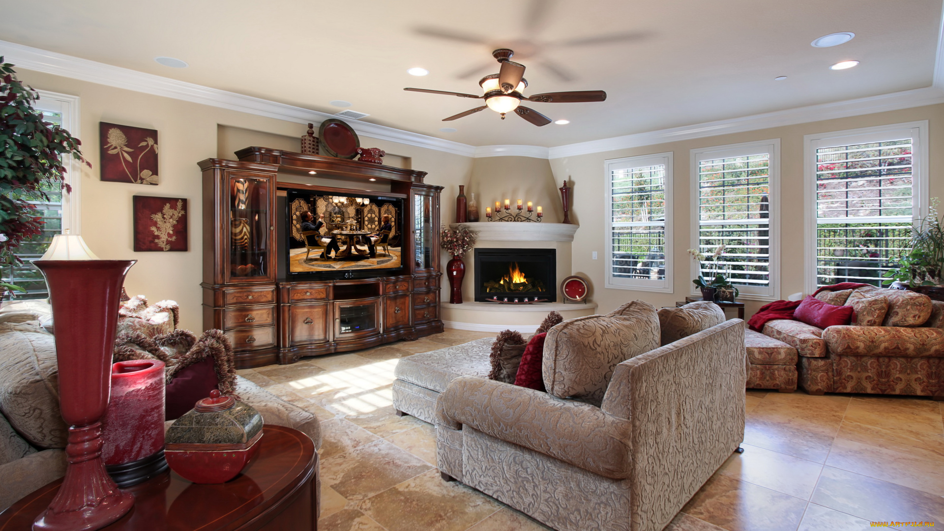 интерьер, гостиная, диван, люстра, кресло