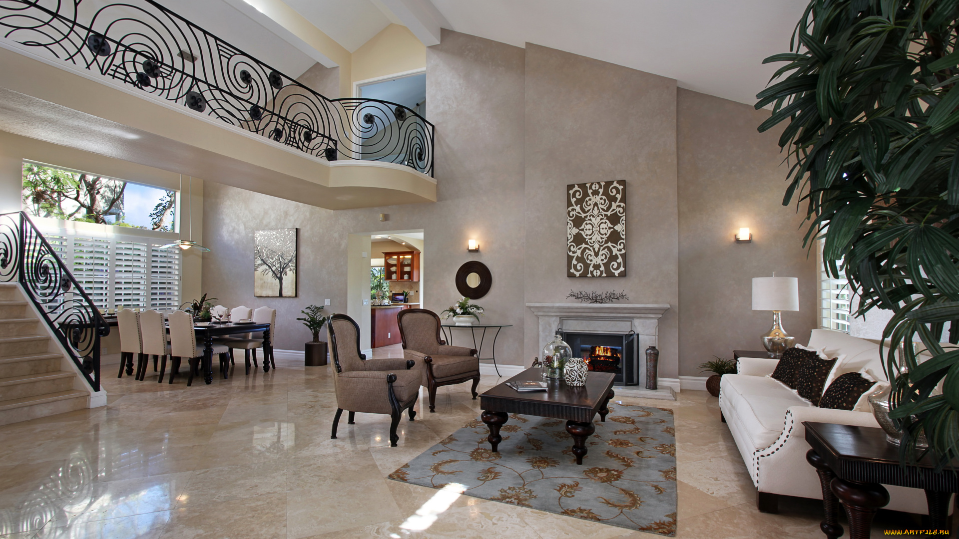 интерьер, гостиная, диван, стол, кресло, ковер, камин