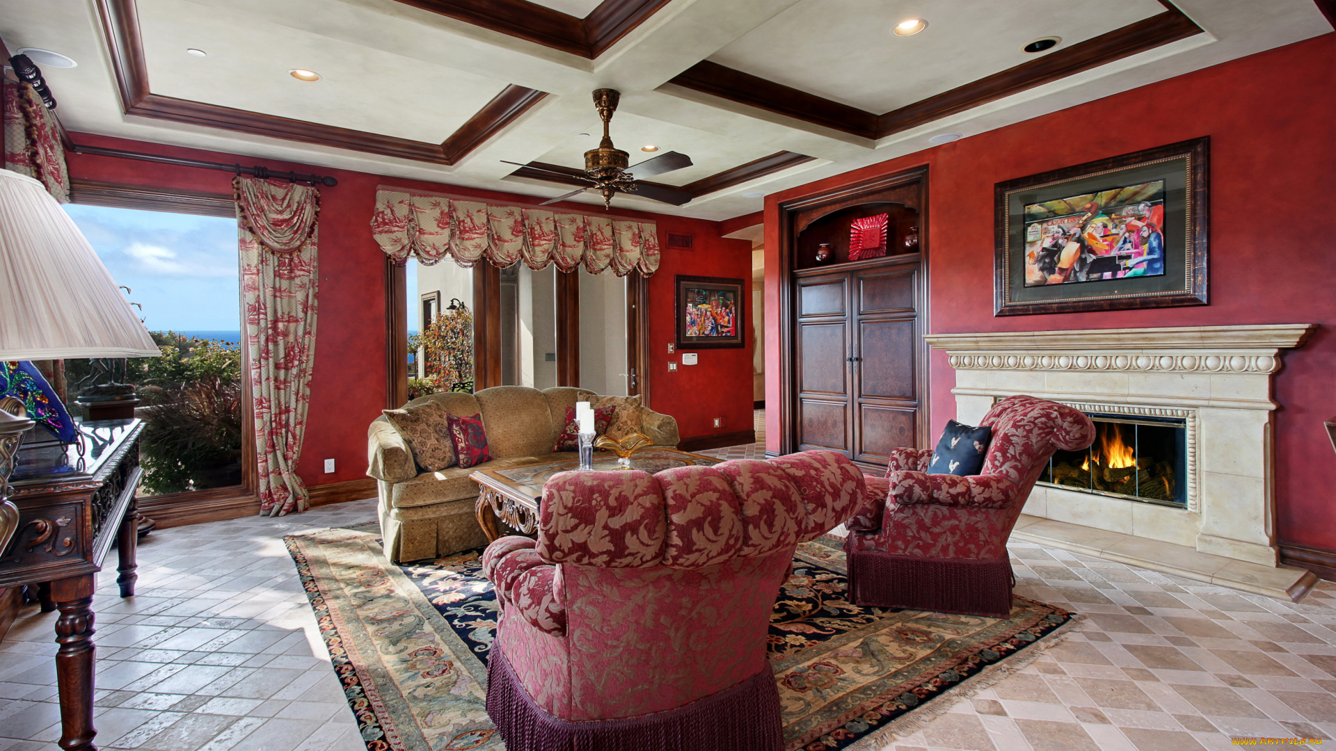 интерьер, гостиная, дизайн, диван, кресло, ковер, камин