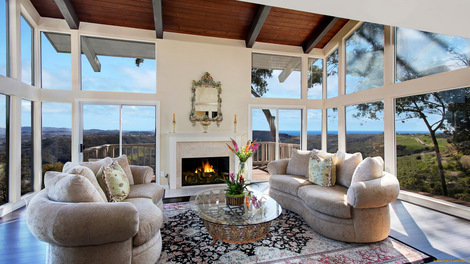 интерьер, гостиная, камин, диван, ковер