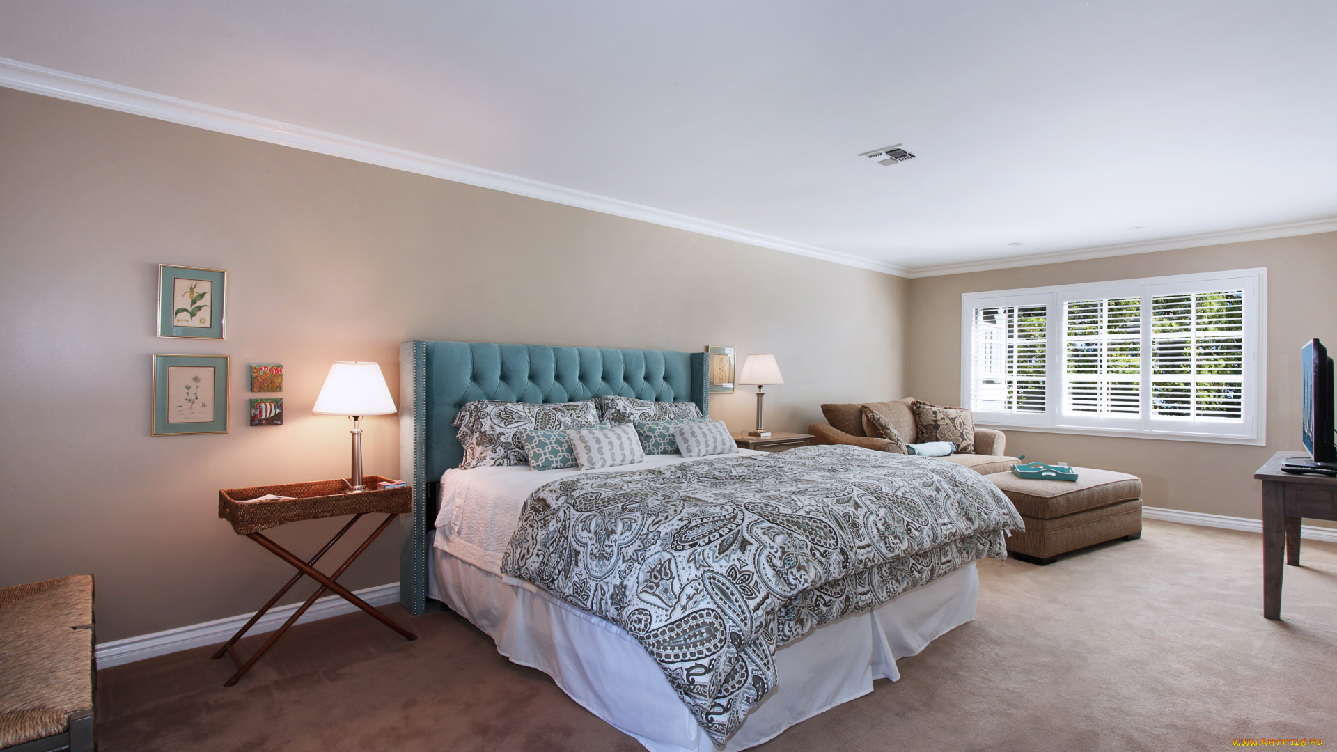 интерьер, спальня, кровать, лампа, постель