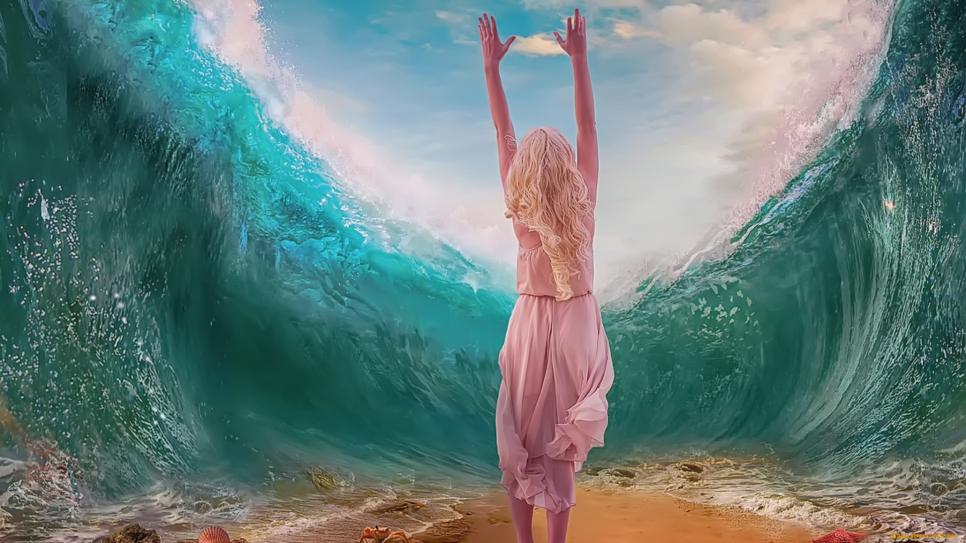 разное, компьютерный, дизайн, арт, повелитель, девушка, босая, волна, одежды, фигурка