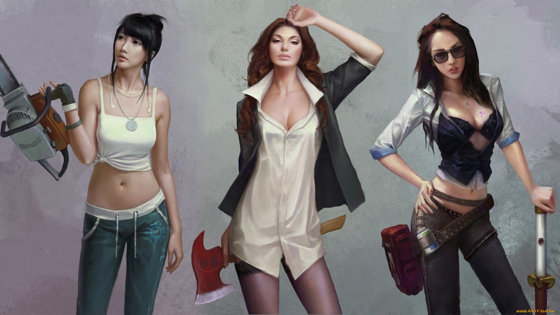 рисованное, люди, бензопила, топор, девушки, очки, чулки, азиатка, бита