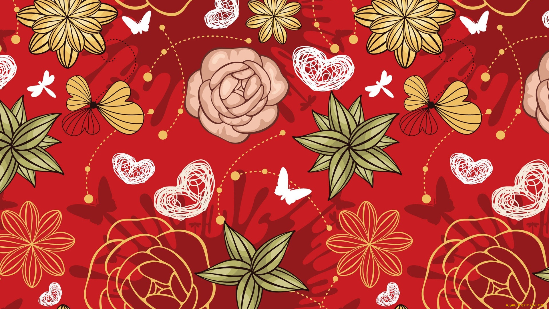 векторная, графика, цветы, , flowers, красный, фон, орнамент, сердечки, бабочки, цветы