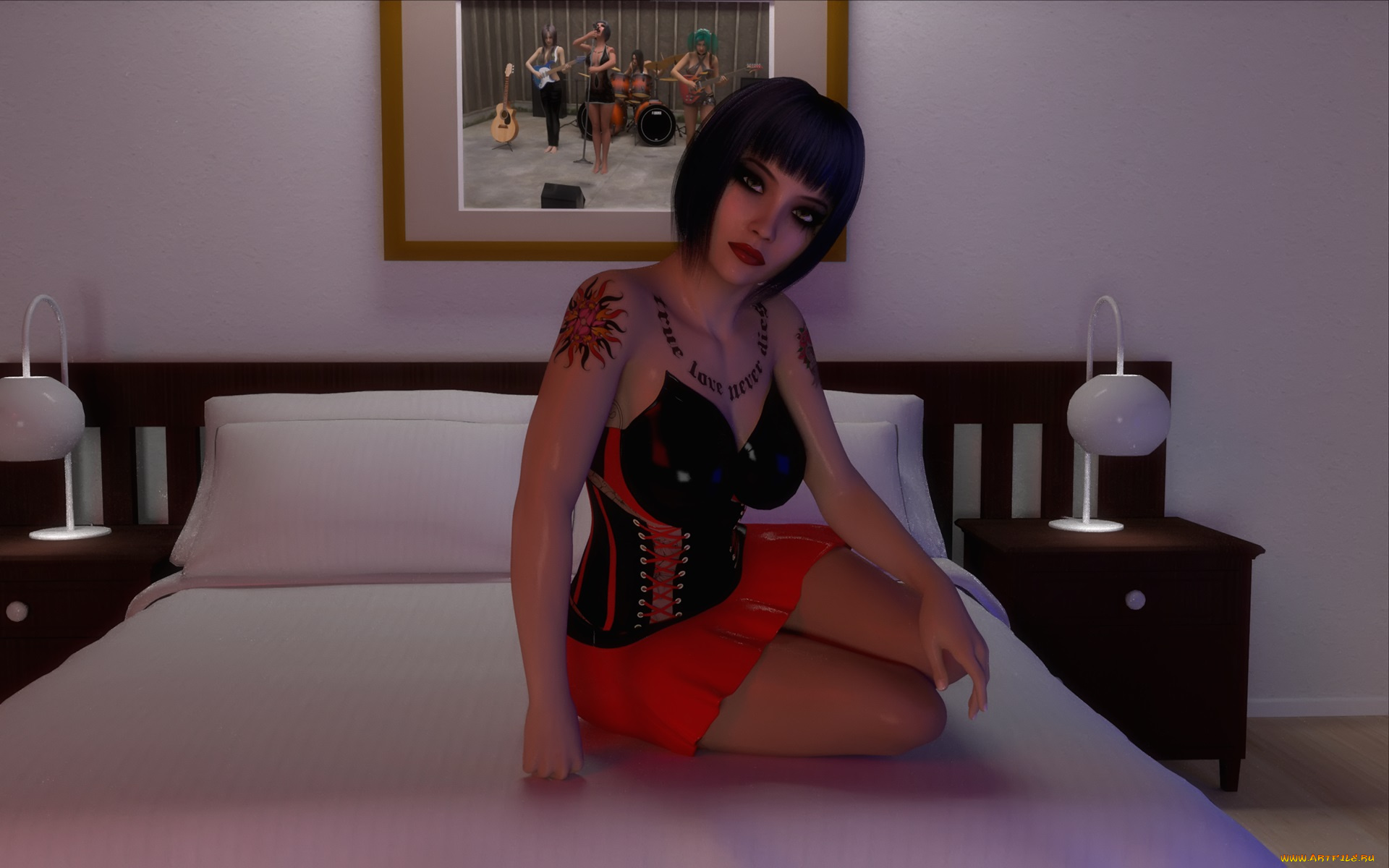 3д, графика, люди, , people, девушка, картина, светильники, кровать, фон, взгляд