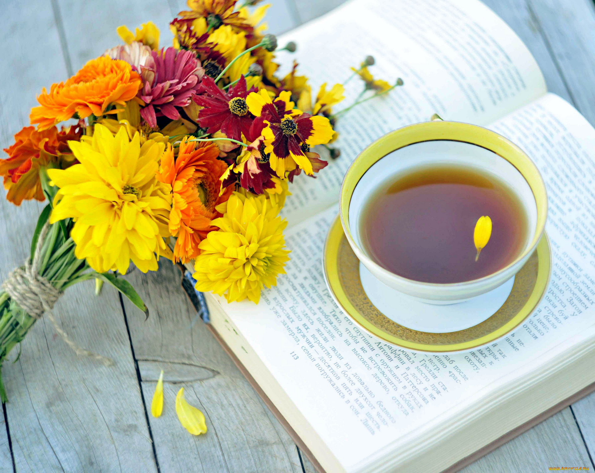 еда, напитки, , Чай, книга, букет