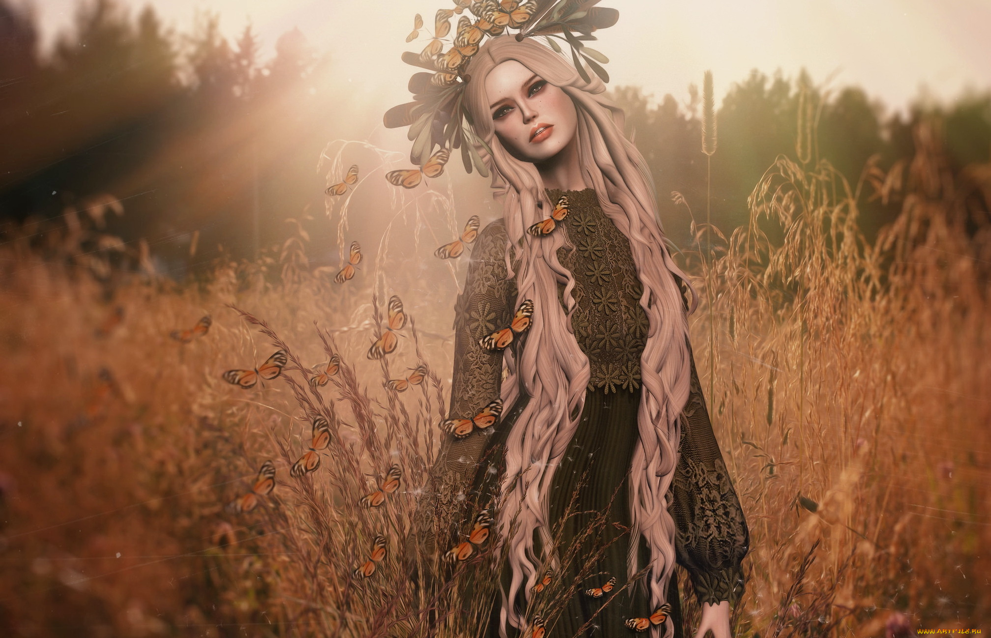 3д, графика, люди, , people, девушка, фон, бабочки