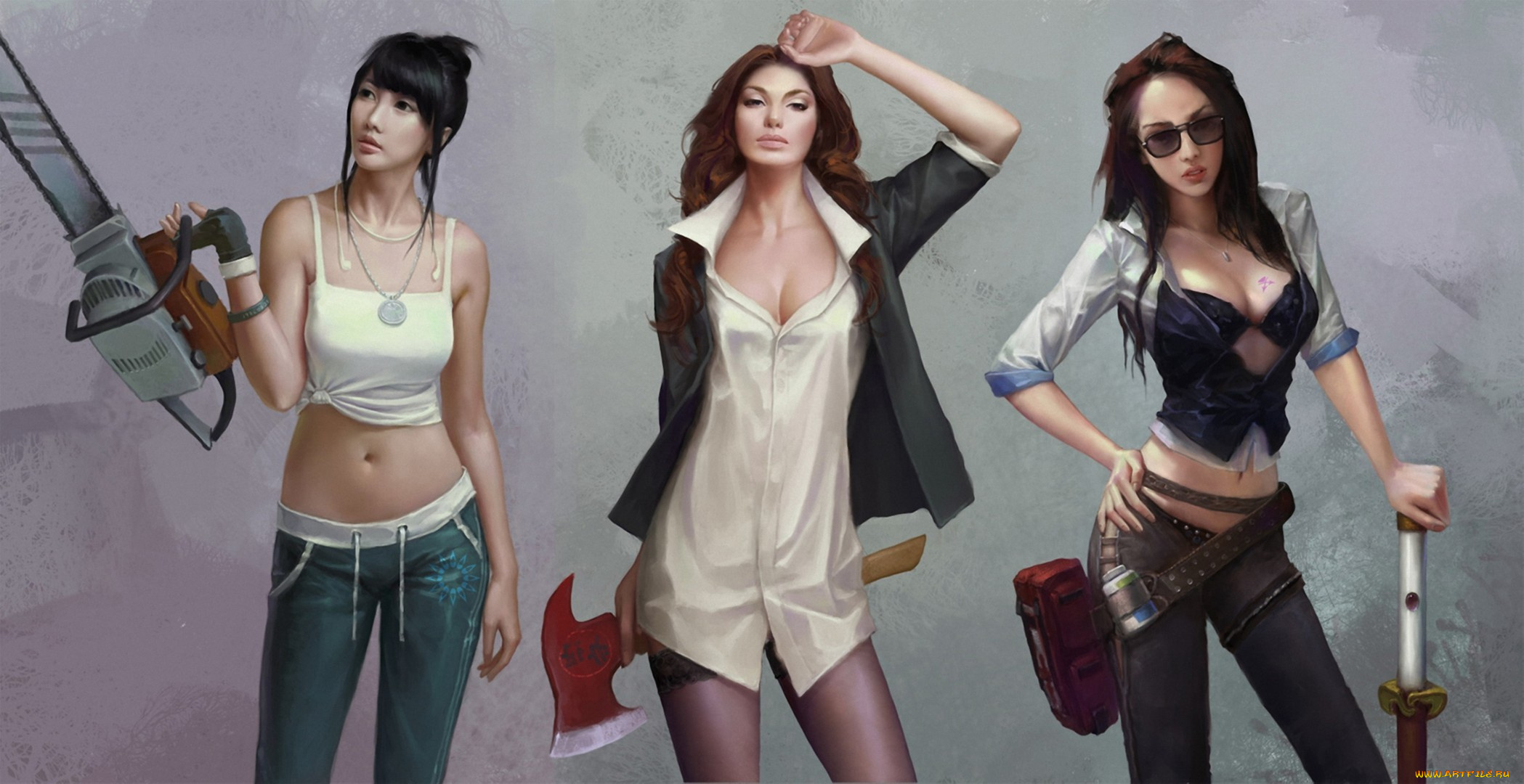 рисованное, люди, бензопила, топор, девушки, очки, чулки, азиатка, бита