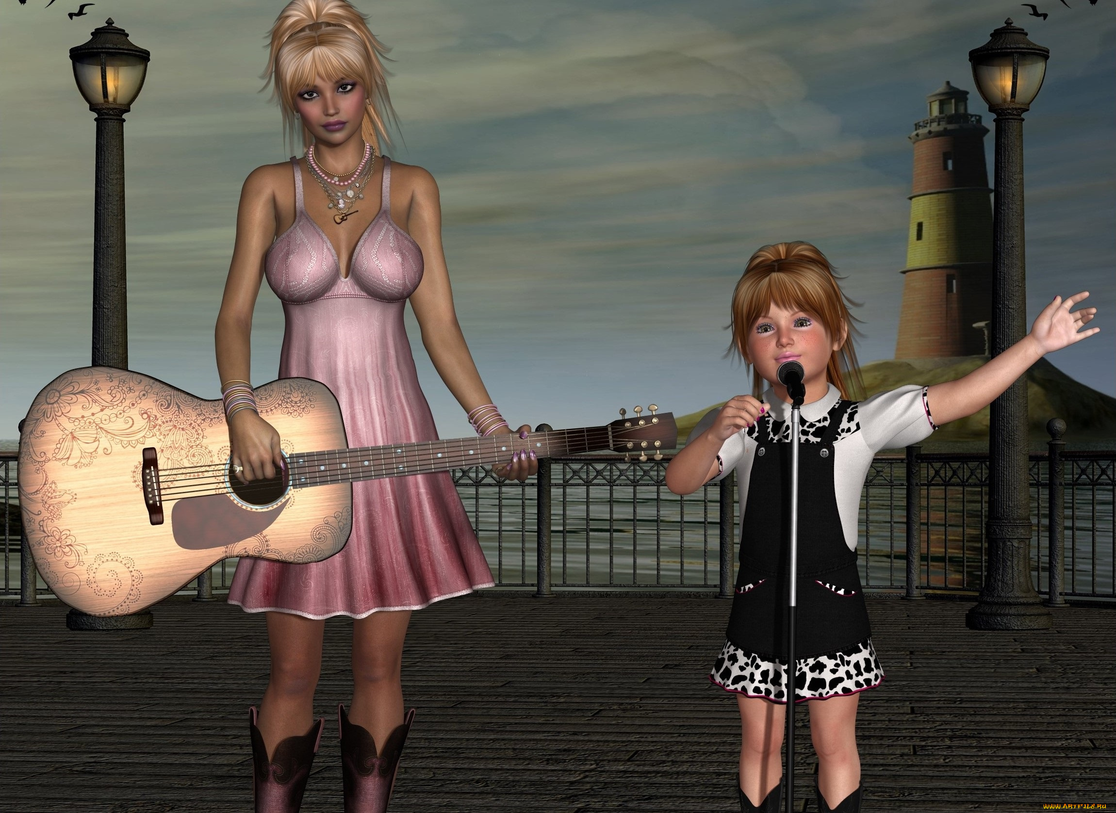 3д, графика, люди, , people, микрофон, гитара, мать, фон, взгляд, девочка