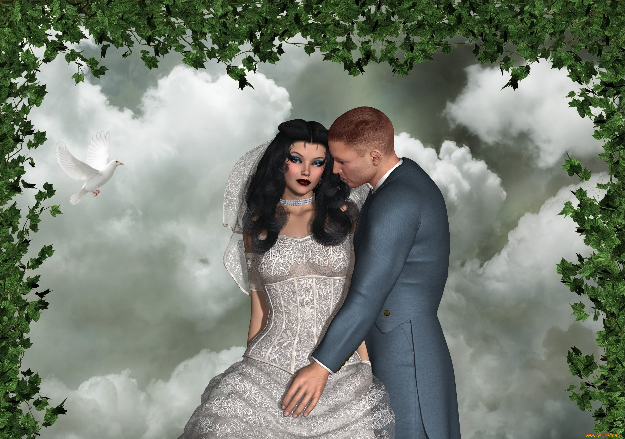 3д, графика, люди, , people, мужчина, голубь, растение, фон, взгляд, девушка
