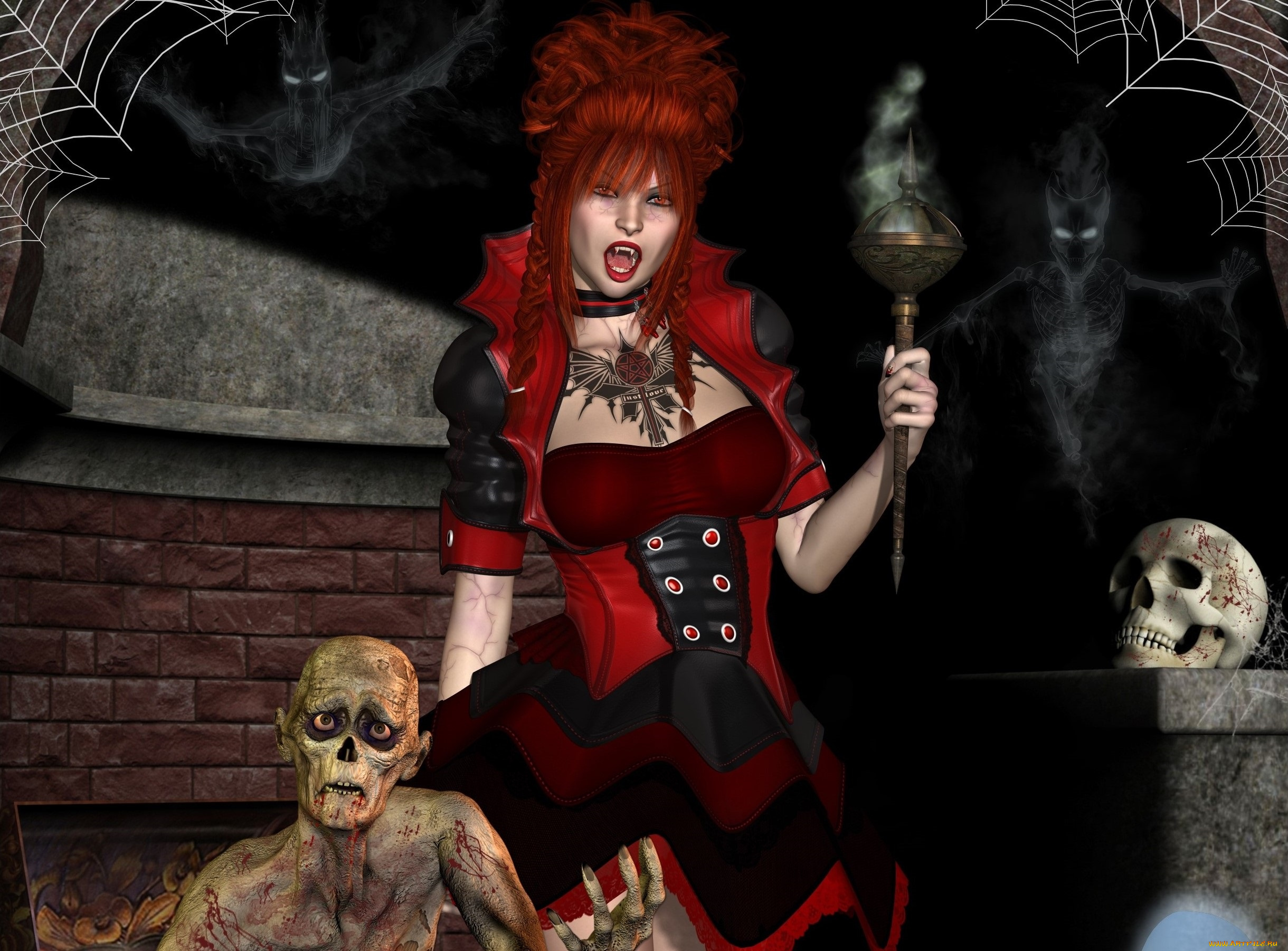 3д, графика, существа, , creatures, вампир, зомби, черепа, паутина