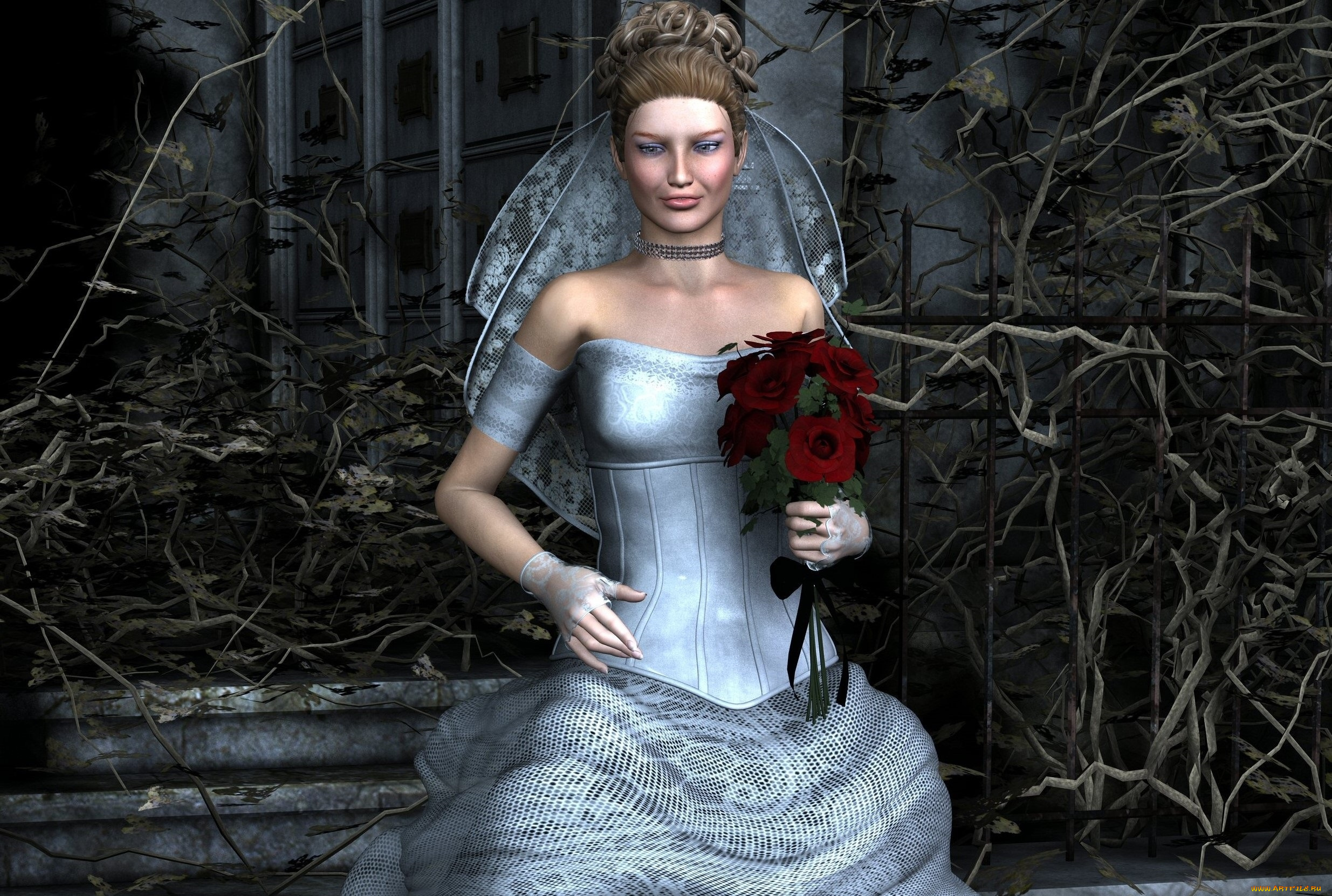 3д, графика, люди, , people, взгляд, девушка, фата, невеста, цветы, фон