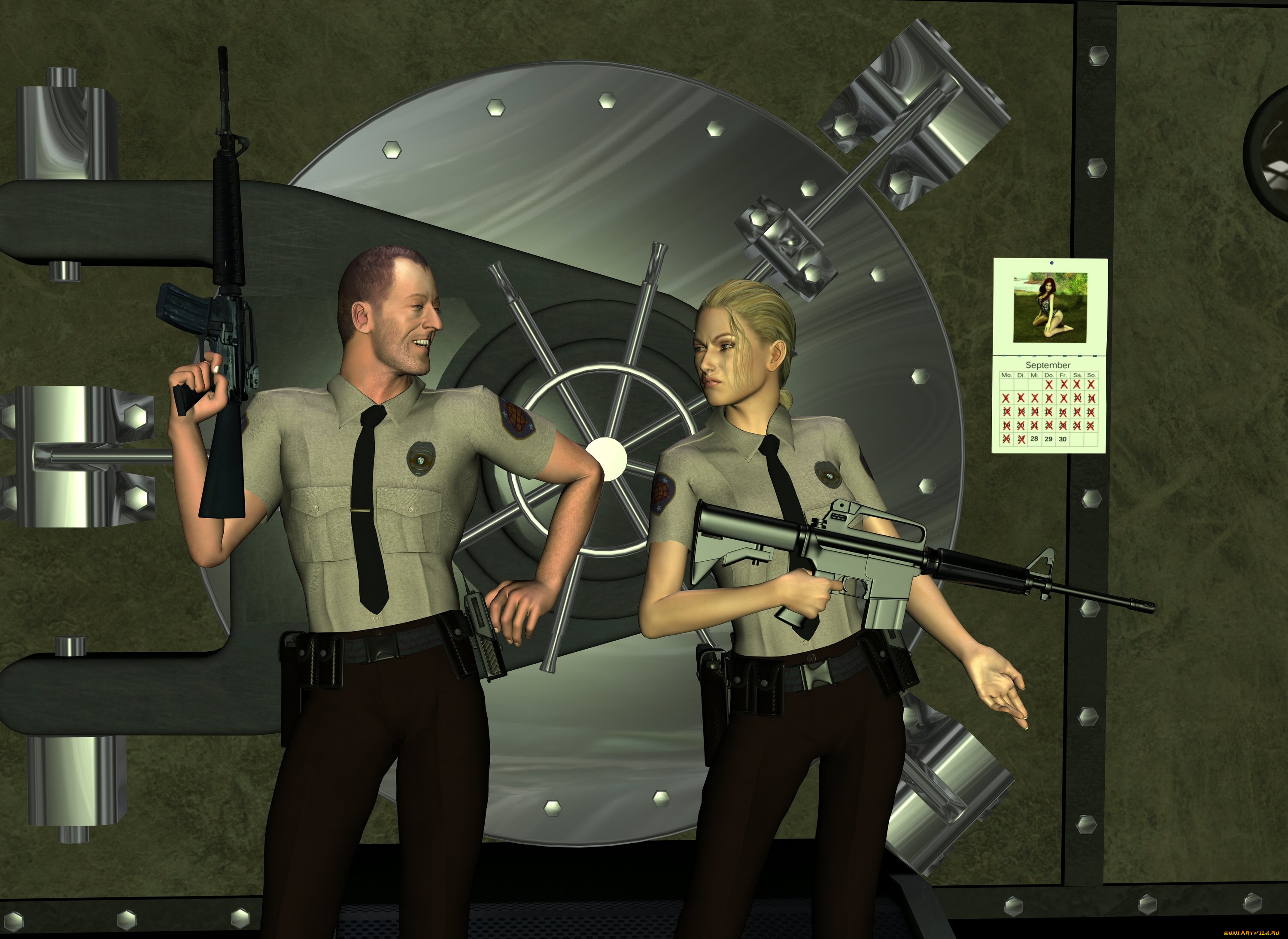 3д, графика, фантазия, , fantasy, девушка, мужчина, оружие, фон, взгляд