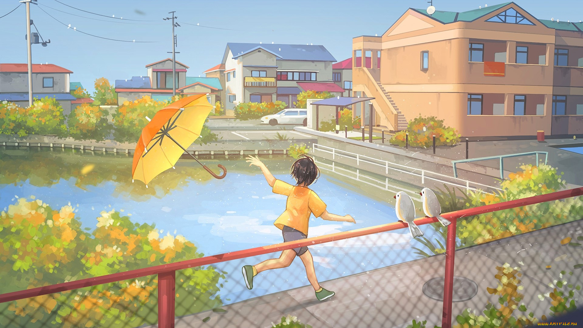 аниме, город, , улицы, , здания, фон, взгляд, девушка