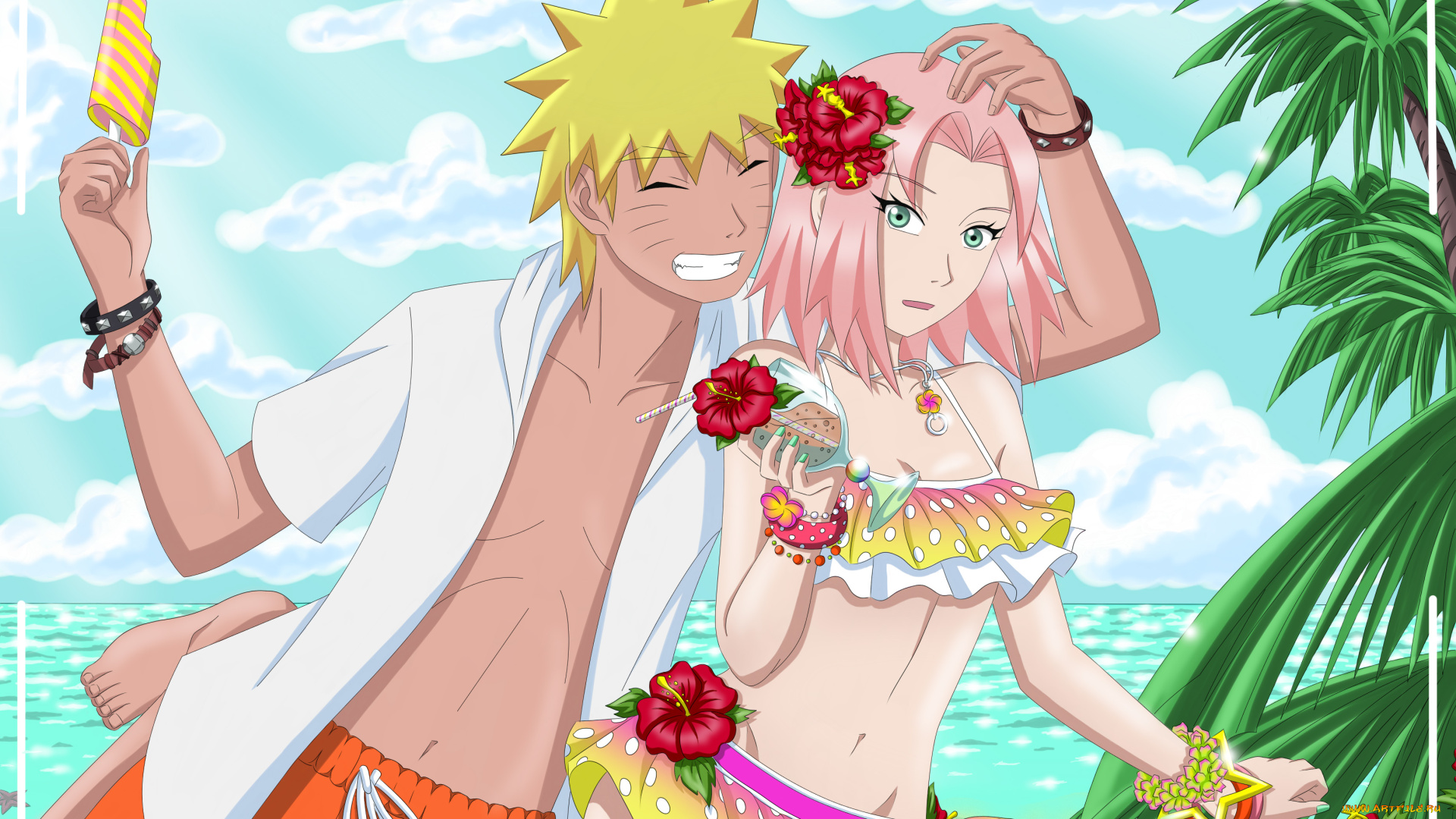 аниме, naruto, узумаки, наруто, сакура, пляж, море, мороженое, купальник