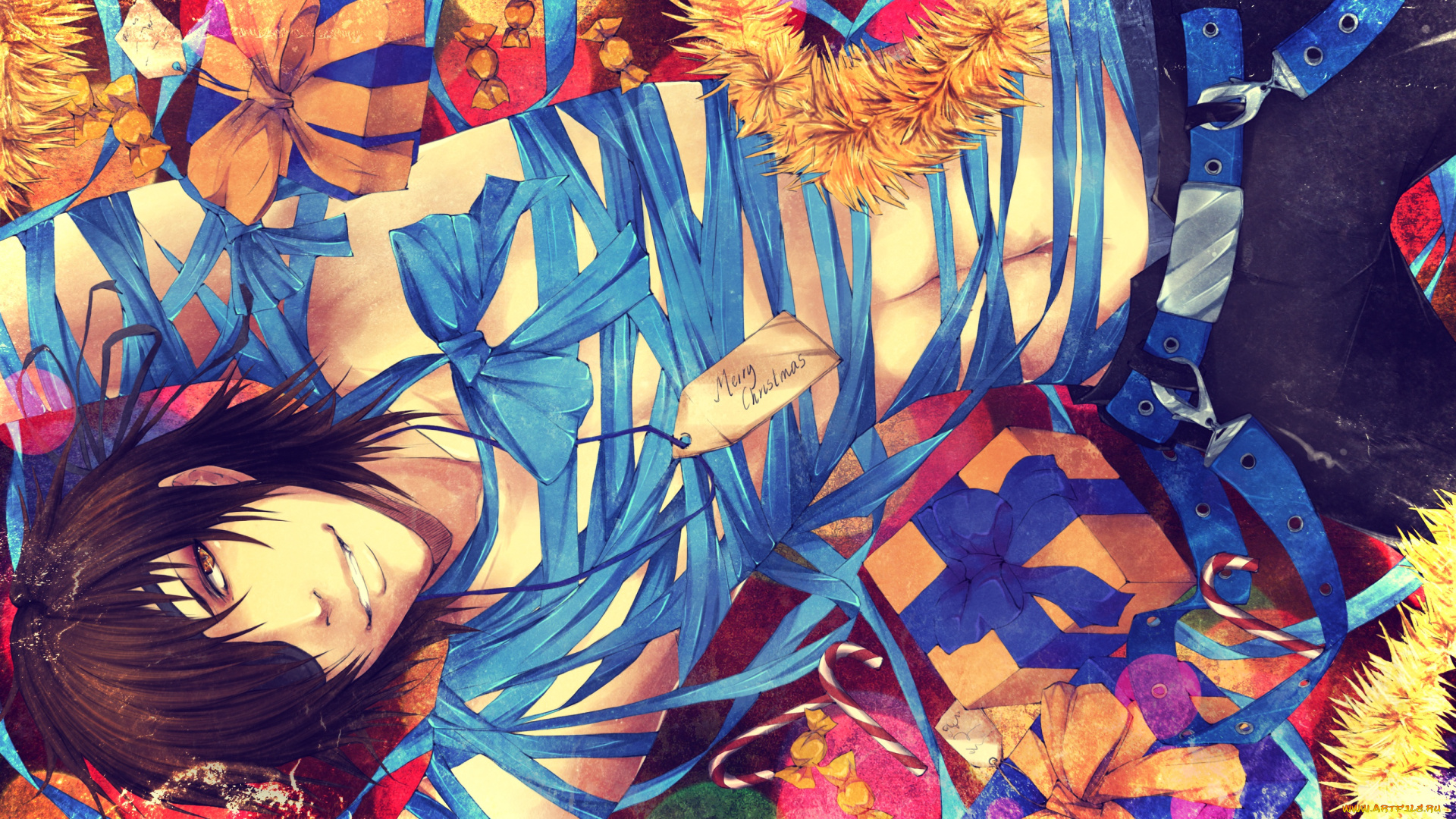 аниме, sengoku, basara, date, masamune, подтяжки, mery, christmas, мишура, подарки, парень, конфеты, ленты, улыбка, art, yure, sengoku, basara, бант
