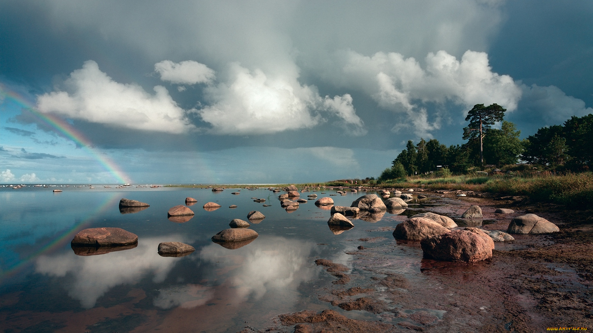 природа, радуга, облака, камни, море