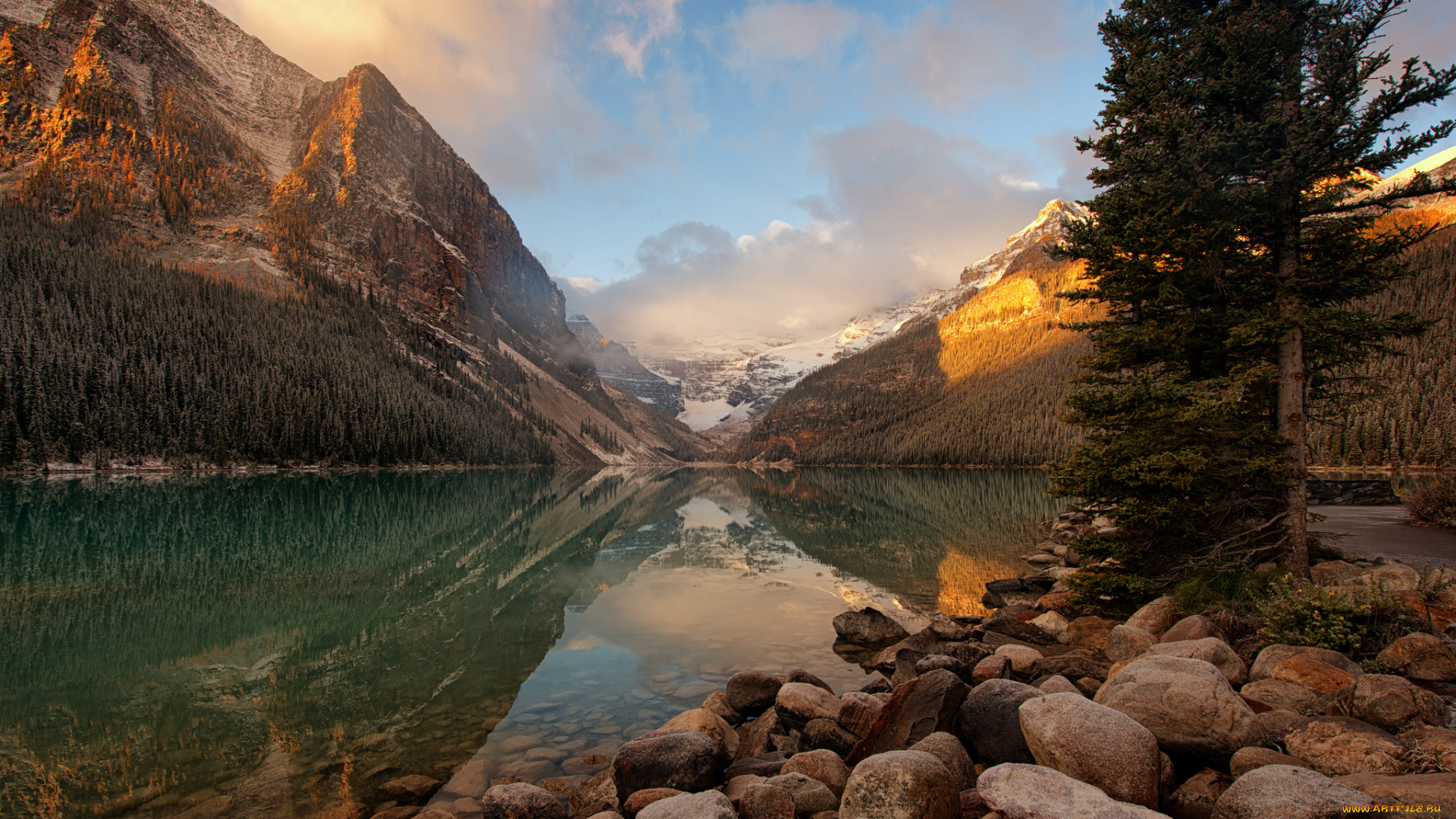 природа, реки, озера, национальный, парк, банф, рассвет, в, горах, канада