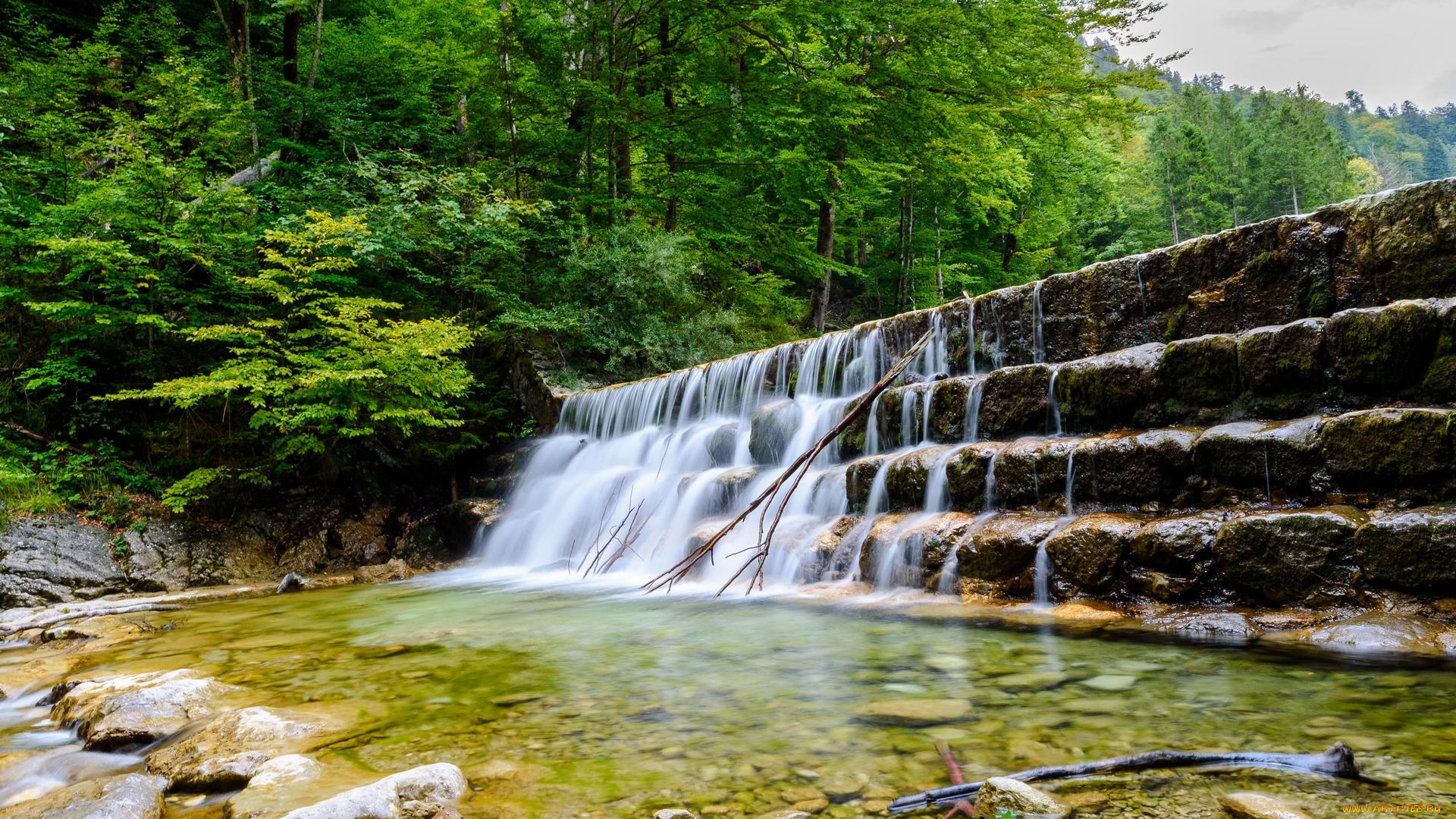 природа, водопады, речка, скалы, водопад, деревья